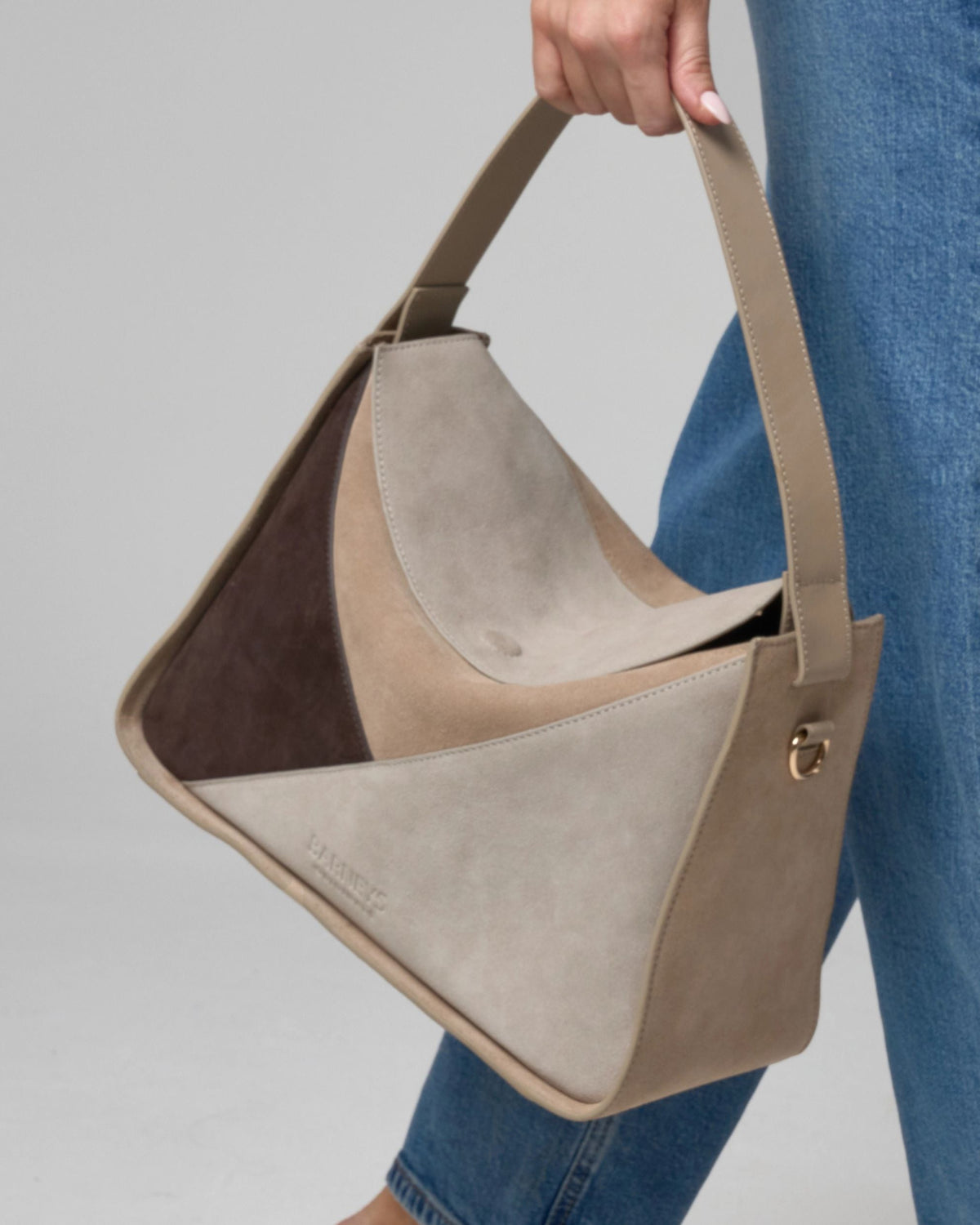 Geometric Fold Over Suede Bag in Mixed Grey
