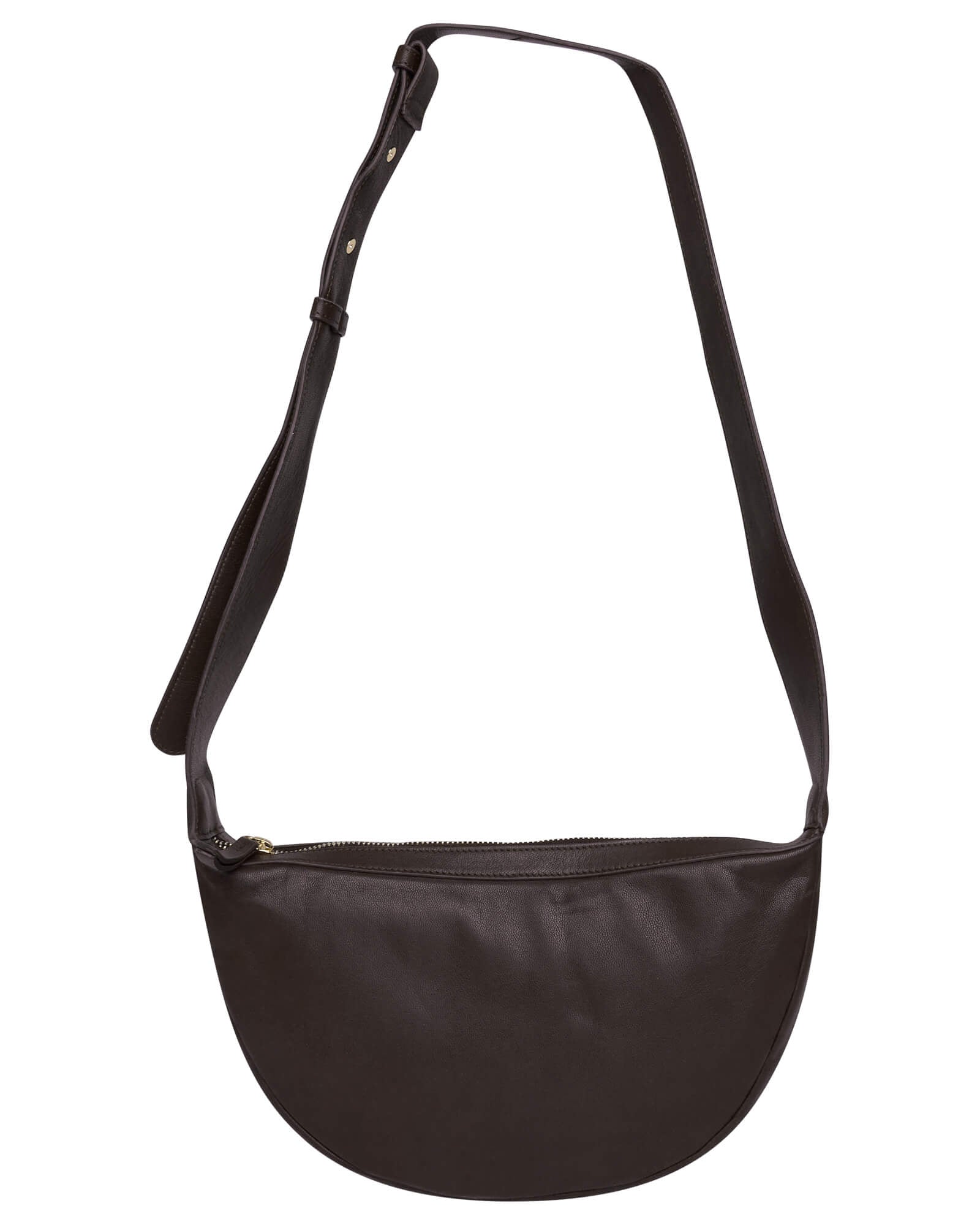 Brown cross body bag, made from real leather, unworn on a white background.