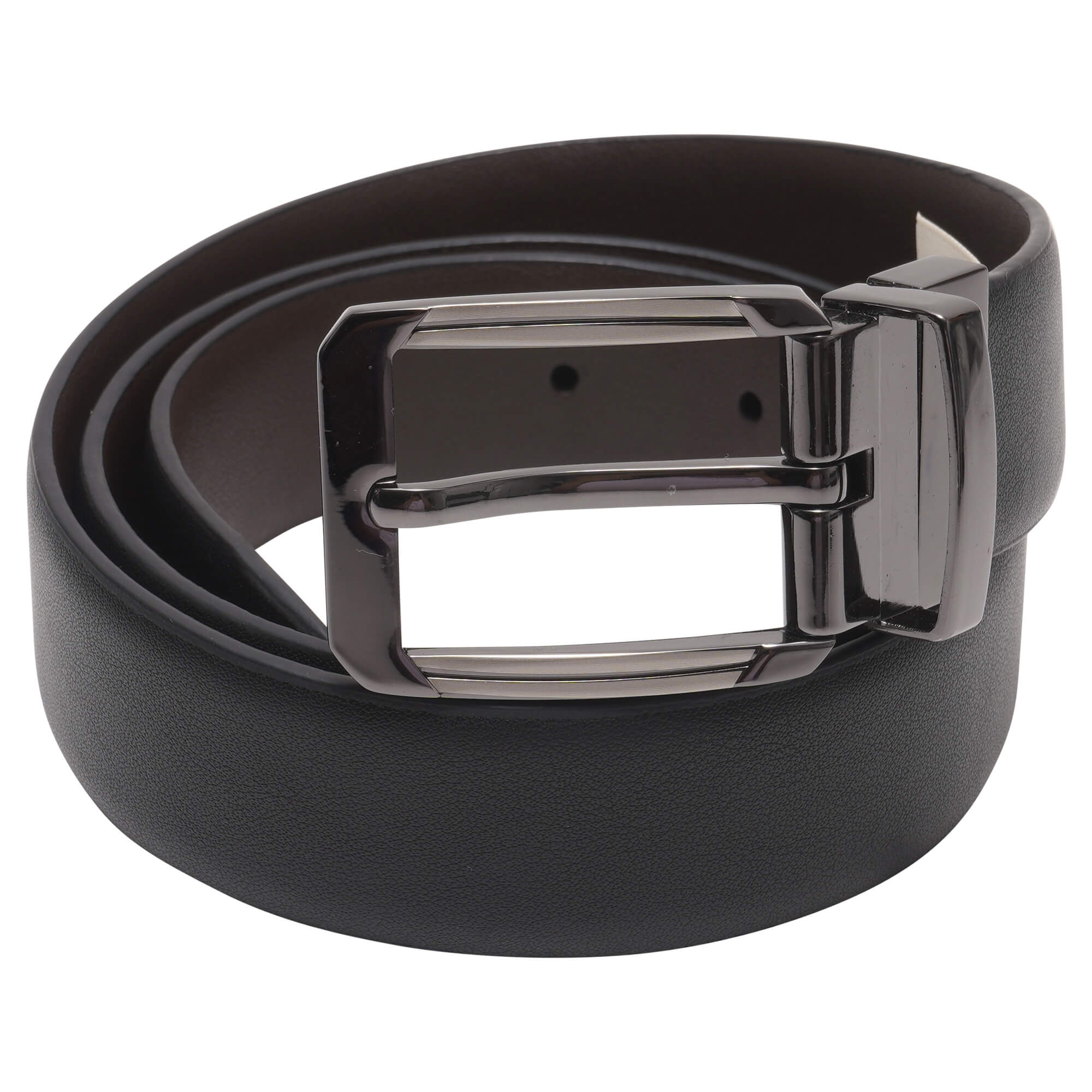 Men's Black & Brown Reversible Bonded Leather Belt with Gunmetal Silver Buckle