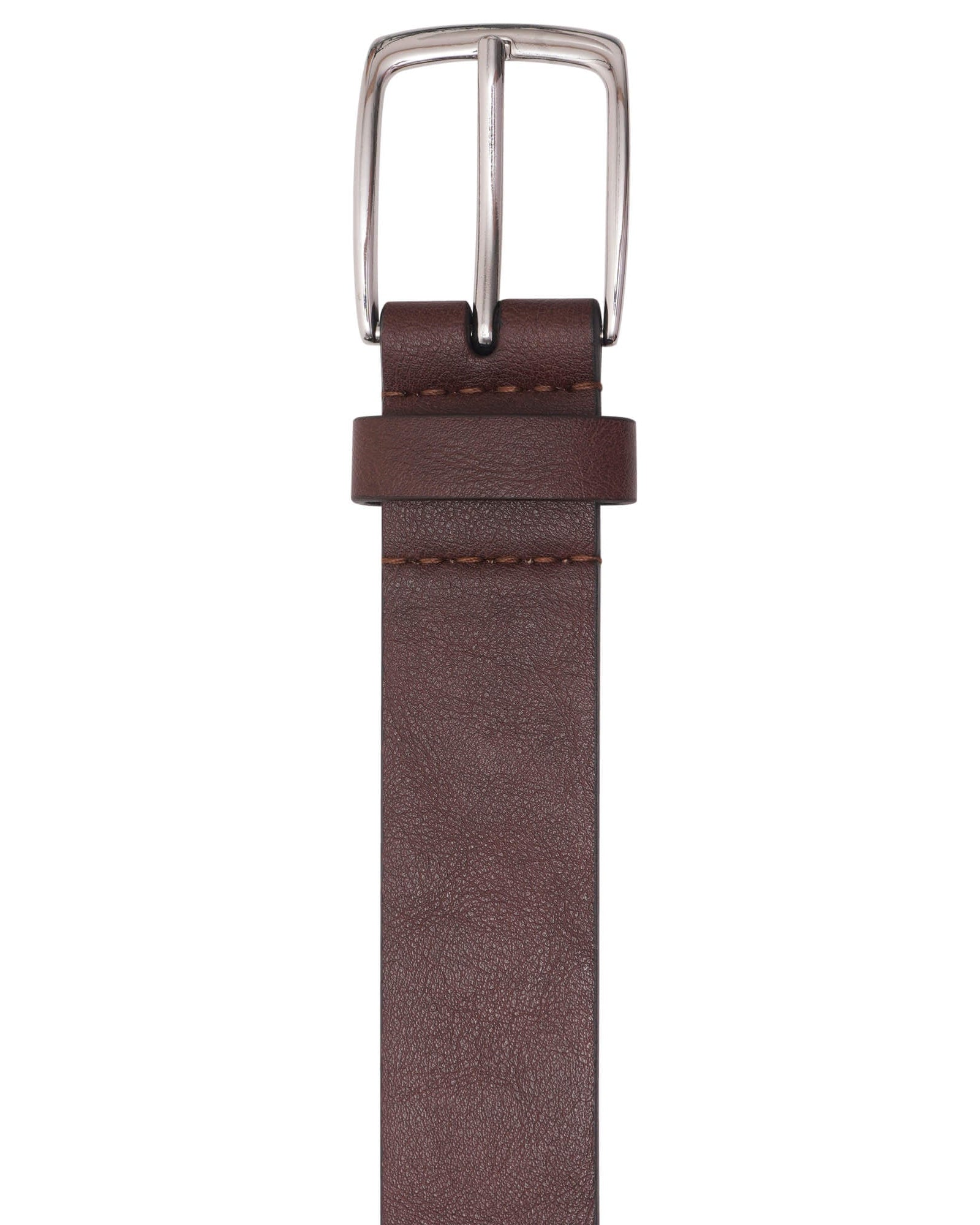 Brown leather belt with a silver buckle on a white background