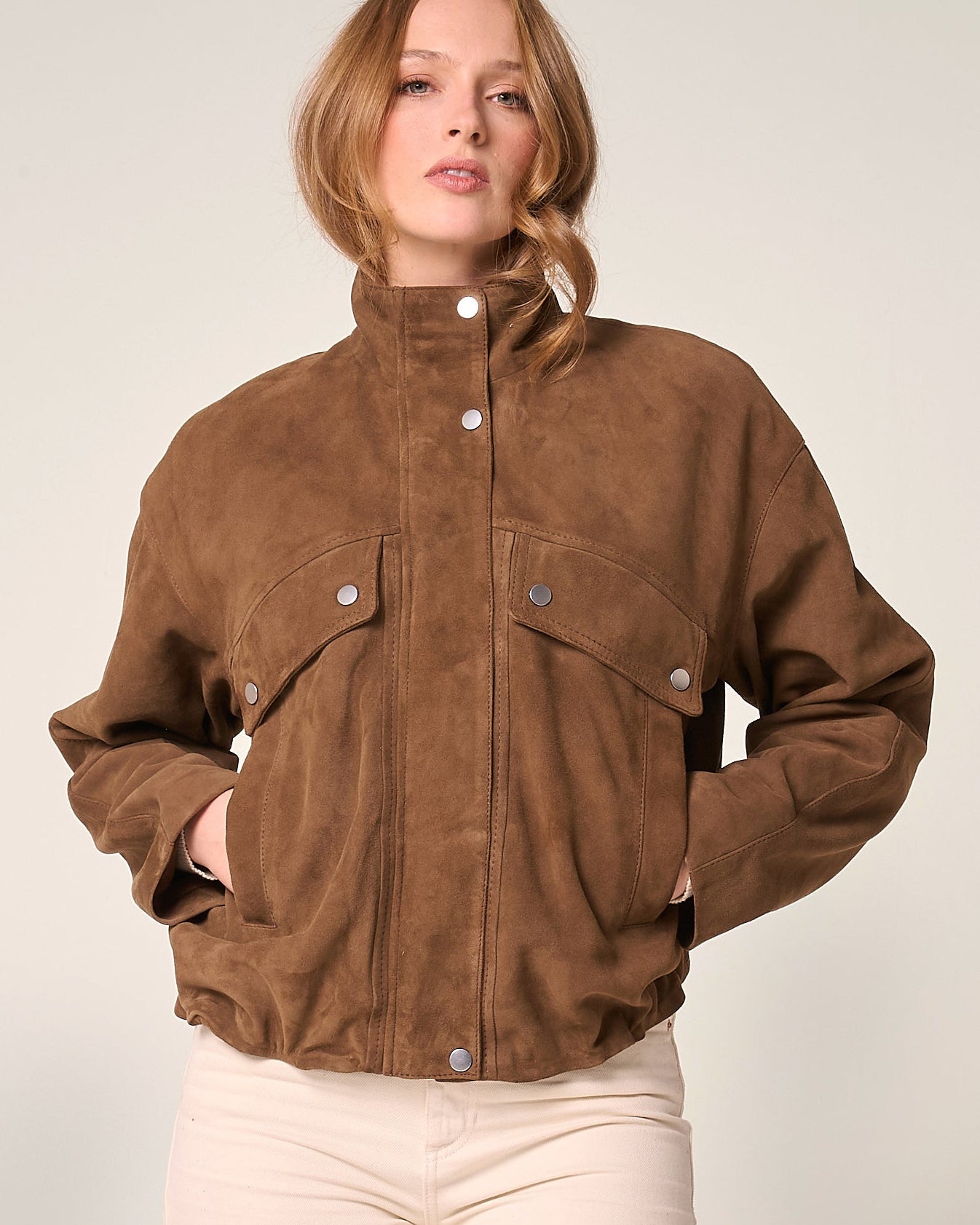 Women's Suede Funnel Neck Bomber Jacket