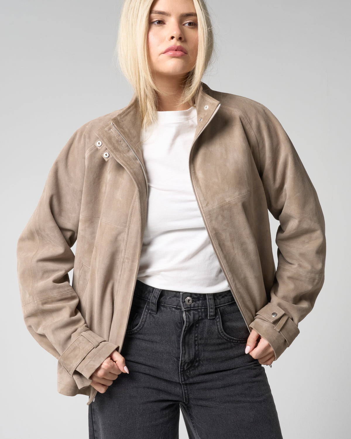 Women's Taupe Funnel Neck Suede Jacket