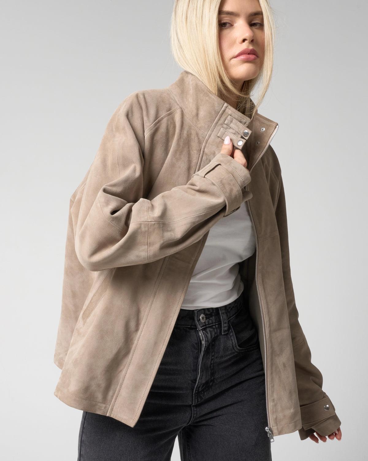 Women's Taupe Funnel Neck Suede Jacket