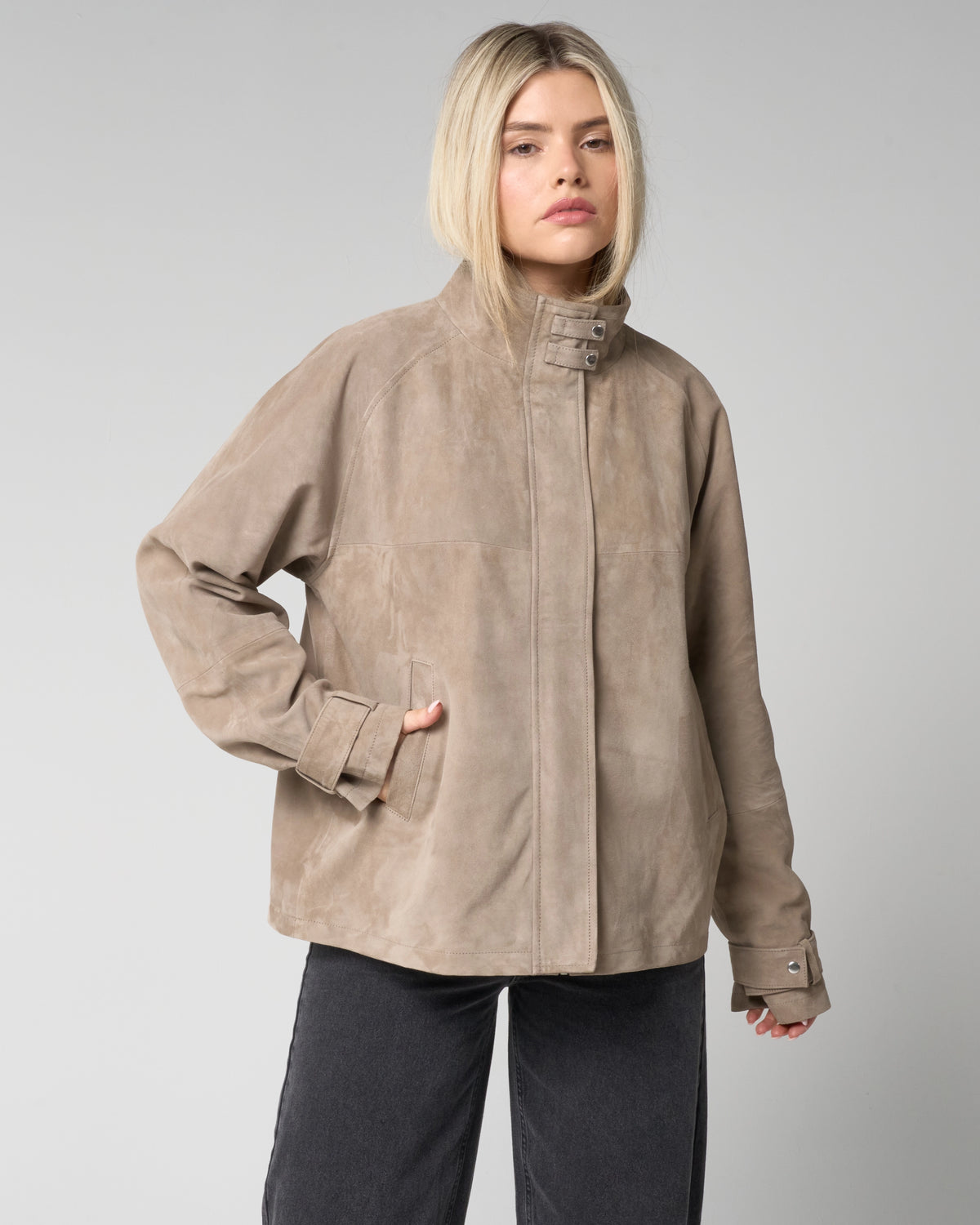 Women's Taupe Funnel Neck Suede Jacket