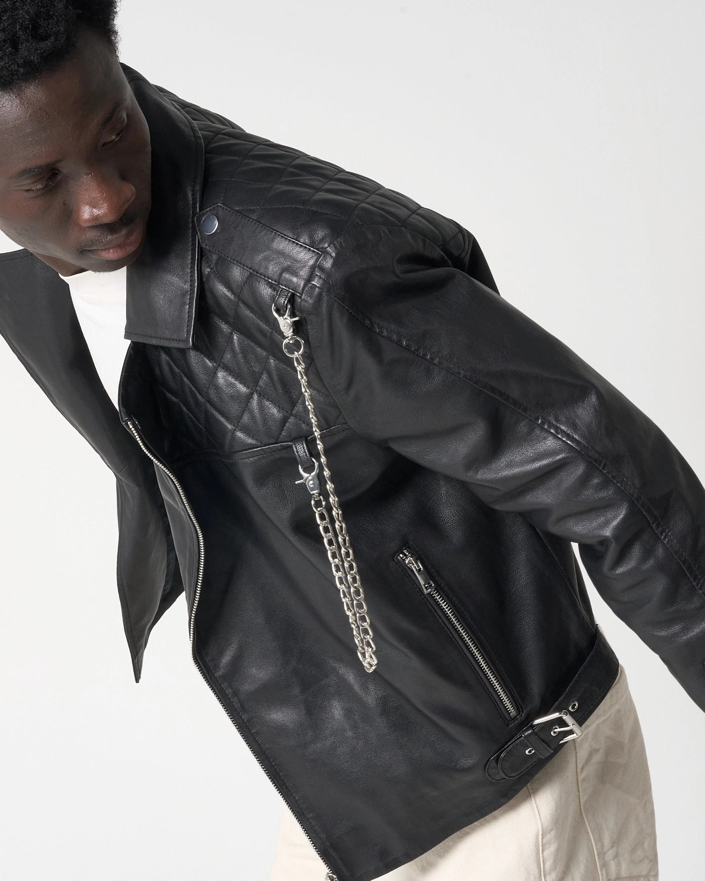 Men's Cropped Real Leather Biker Jacket with Adjustable Chain
