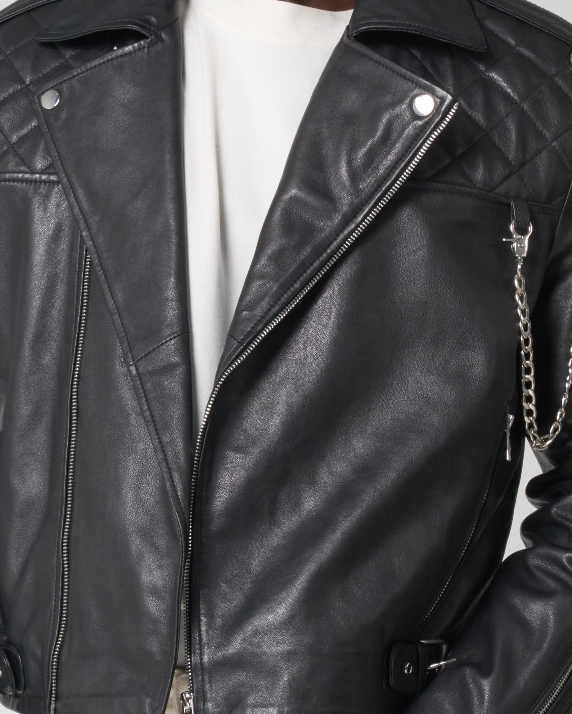 Men's Cropped Real Leather Biker Jacket with Adjustable Chain