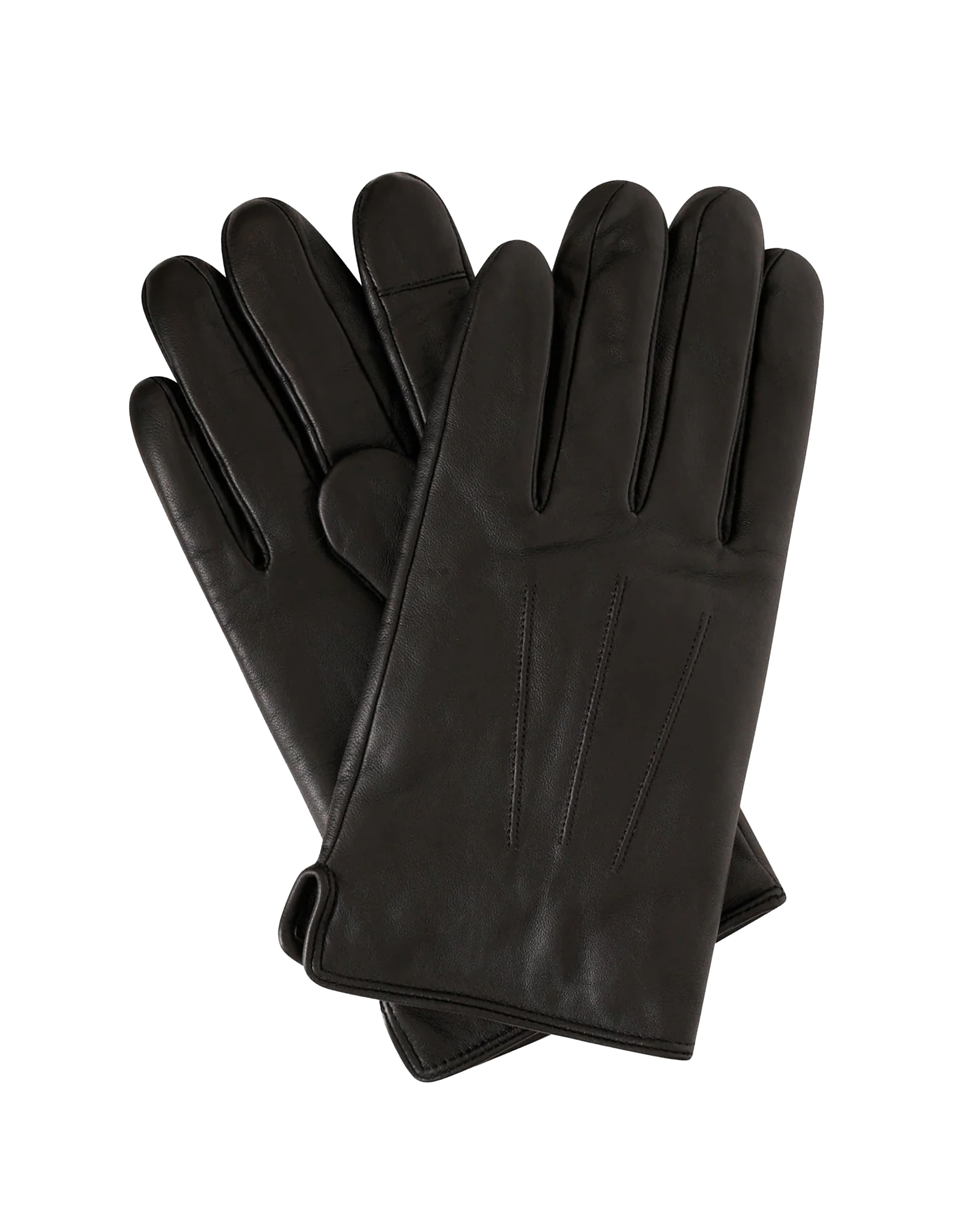 A pair of black leather gloves with a smooth finish, displayed against a solid white background.