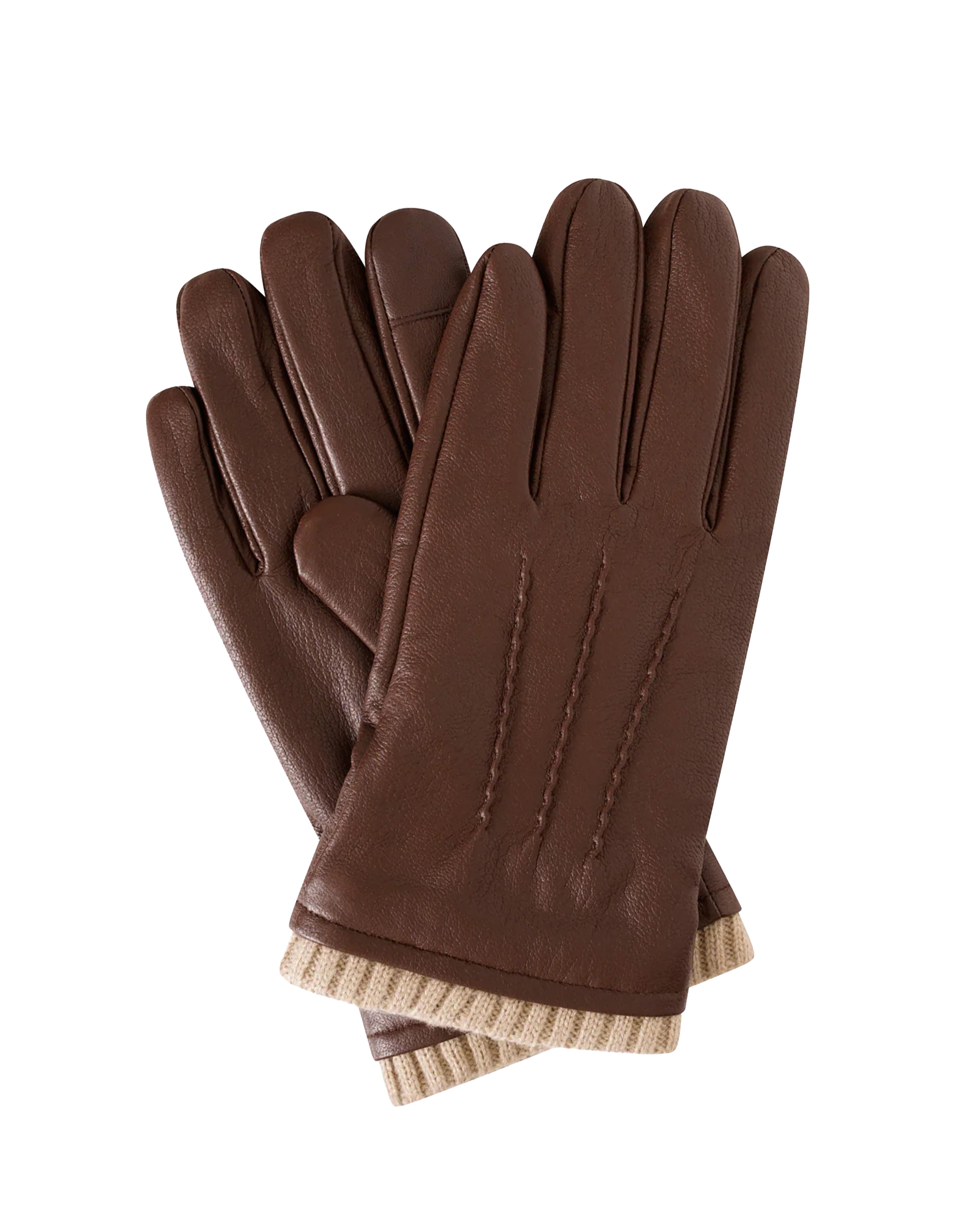 A pair of dark brown leather gloves with a ribbed beige cuff, displayed against a solid white background.