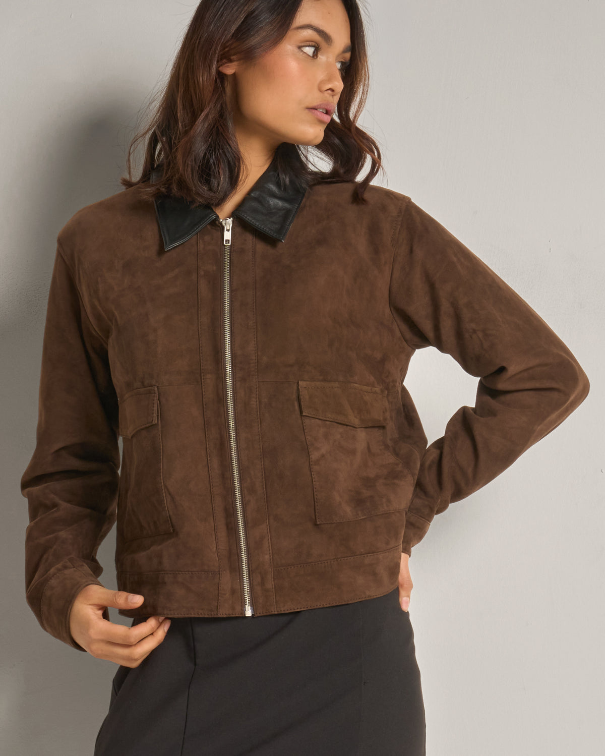 Women's Chocolate Suede Jacket with Contrast Collar