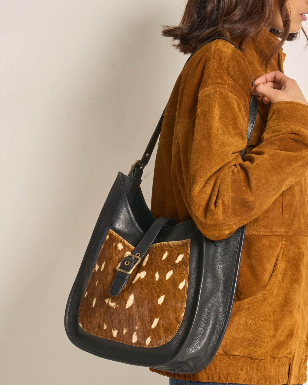 Deer Print Real Leather Shoulder Bag