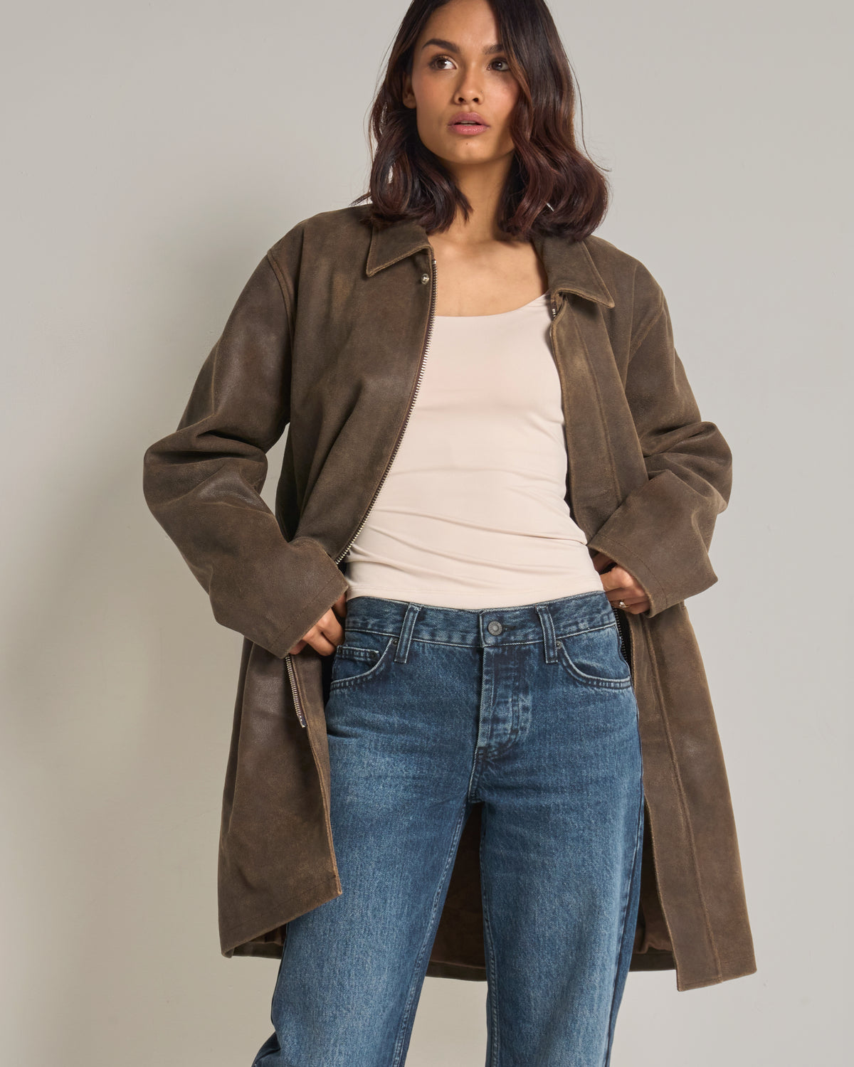 Women's Longline Washed Leather Coat