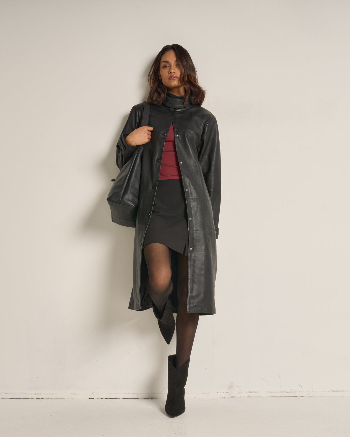 Women's Funnel Neck Leather Trench Coat