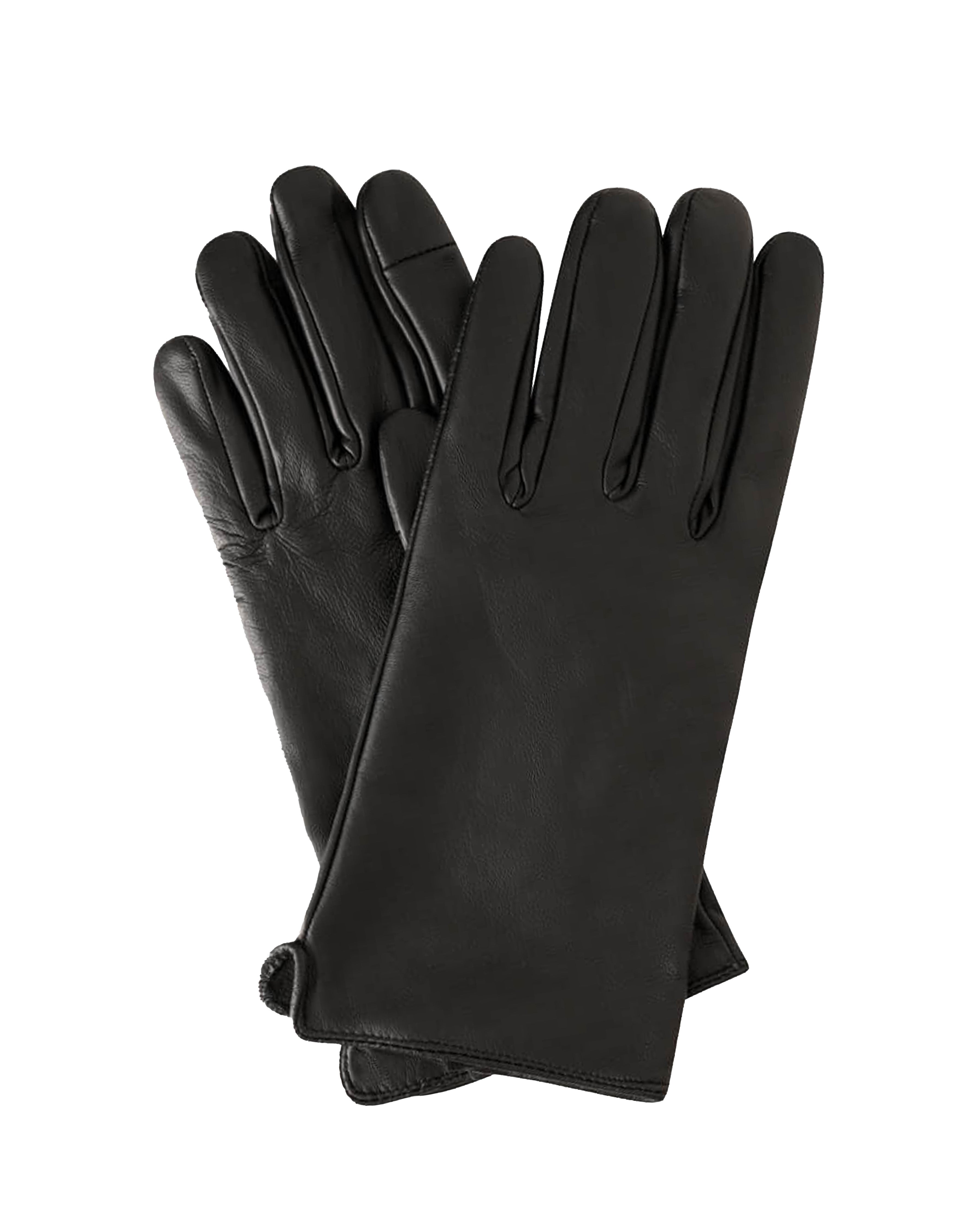 A pair of black leather gloves, one laid flat and the other standing upright, displayed against a solid white background.