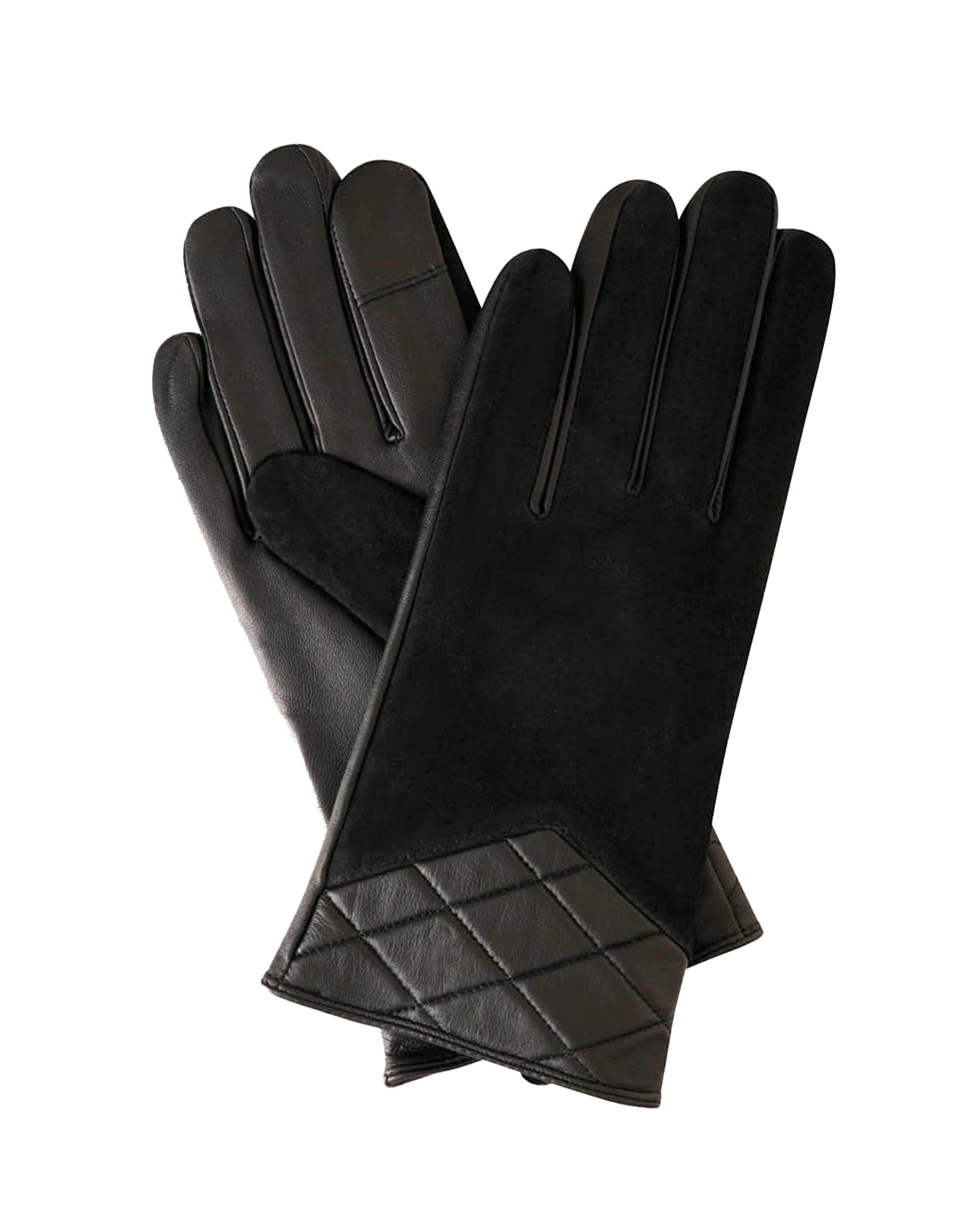 A pair of black leather gloves, one showing the back of the hand with a smooth finish and the other showing the palm side with a quilted diamond pattern on the cuff, set against a plain white background.