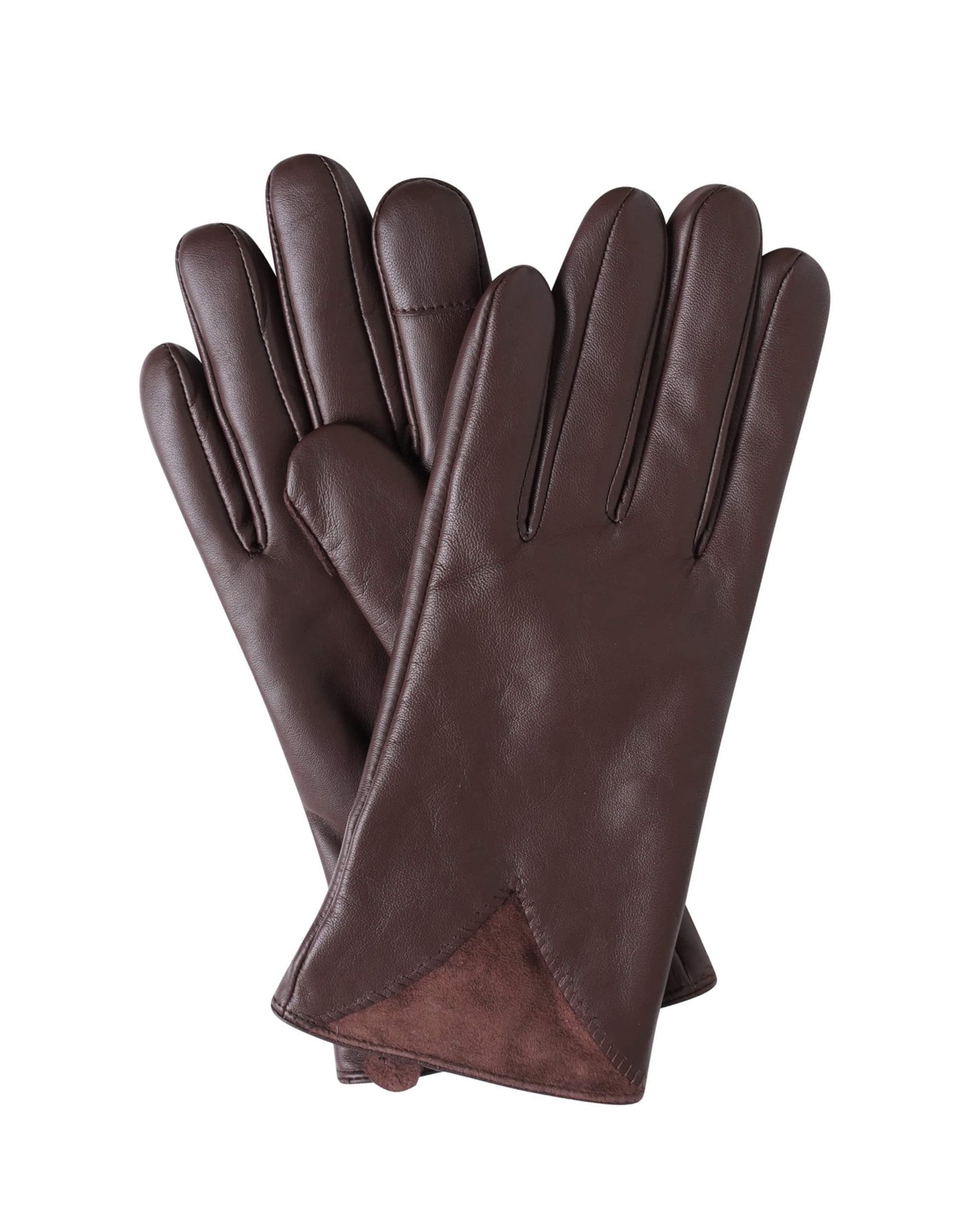 A pair of dark brown leather gloves with a smooth finish and a slightly different texture on the cuff, displayed against a solid white background.