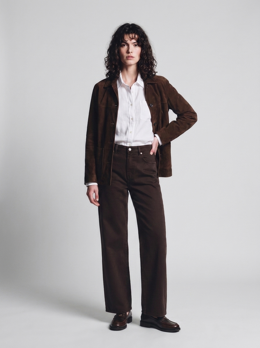 Image shows how to style the buffalo suede jacket with workwear. The outfit shows office appropriate attire featuring a crisp white shirt, brown jeans and penny-loafers.