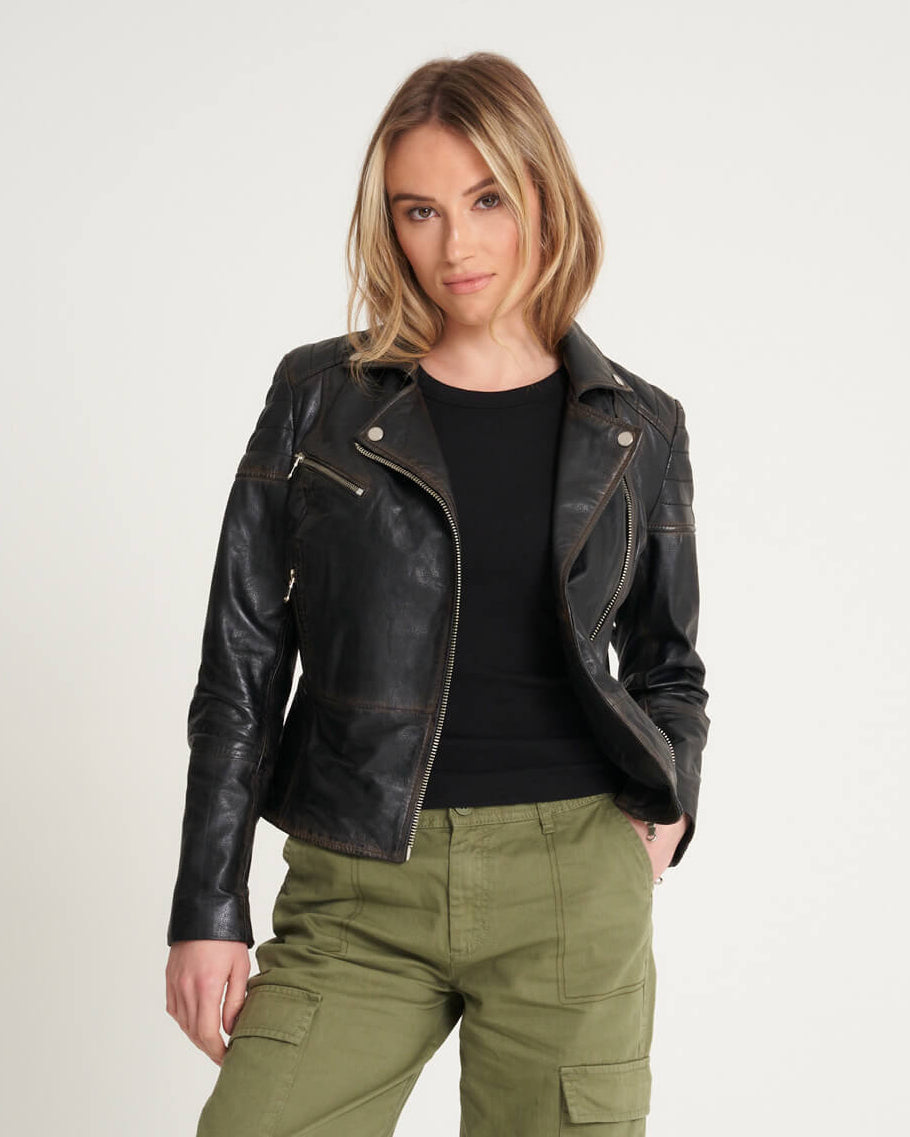 Women's Washed Leather Biker Jacket