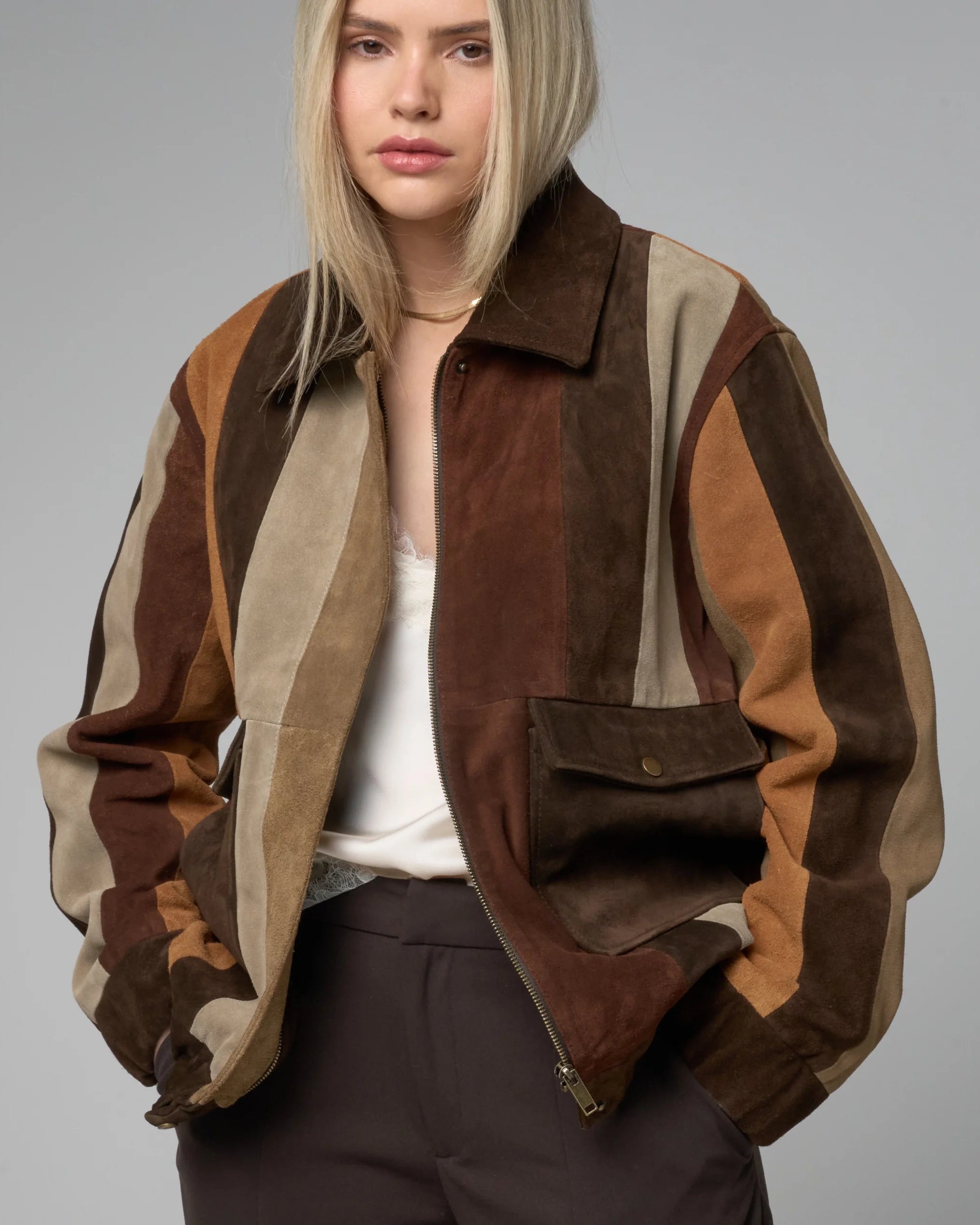 Women's Real Suede Striped Patchwork Bomber Jacket