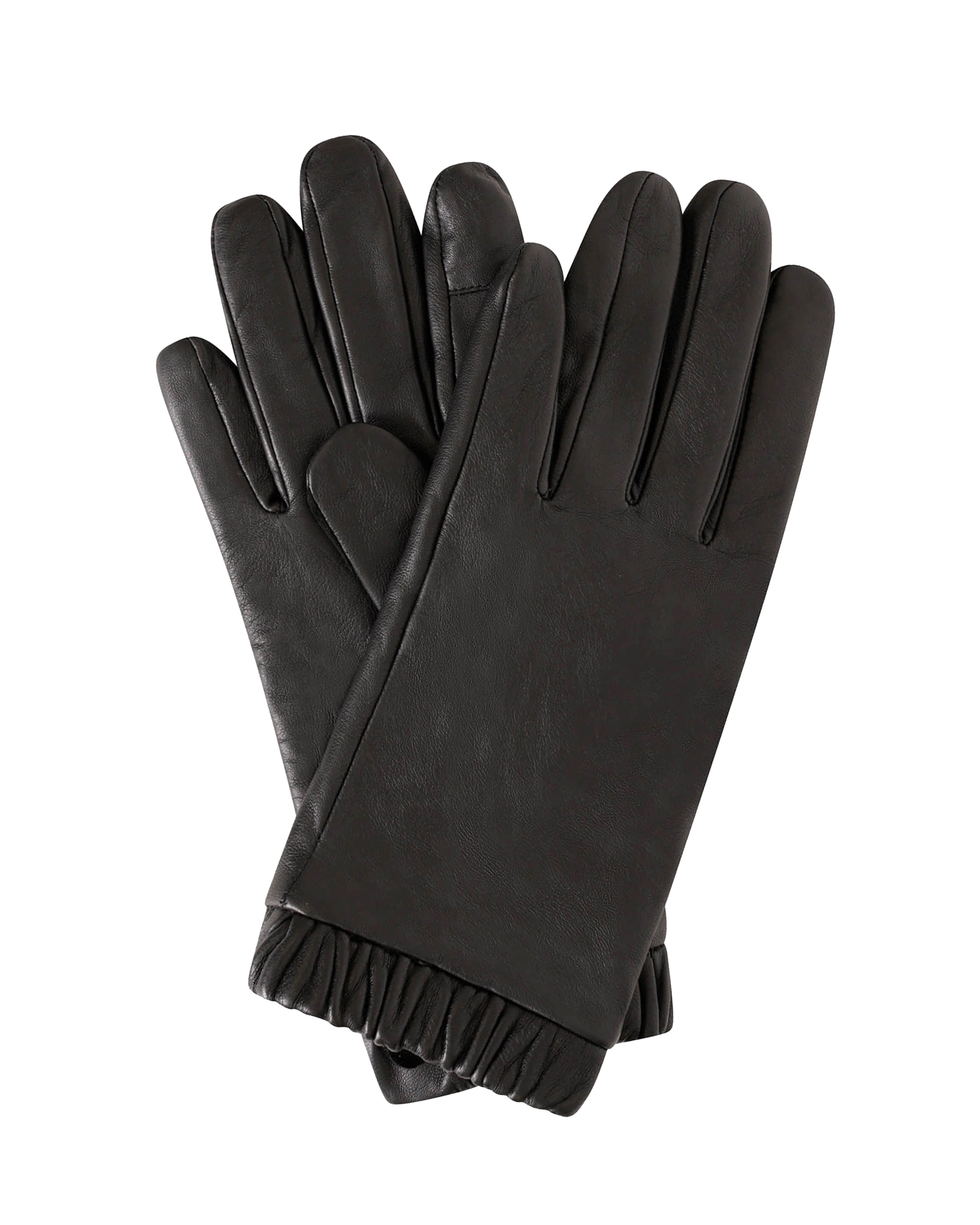 A pair of black leather gloves with a fringed cuff, displayed against a solid white background.