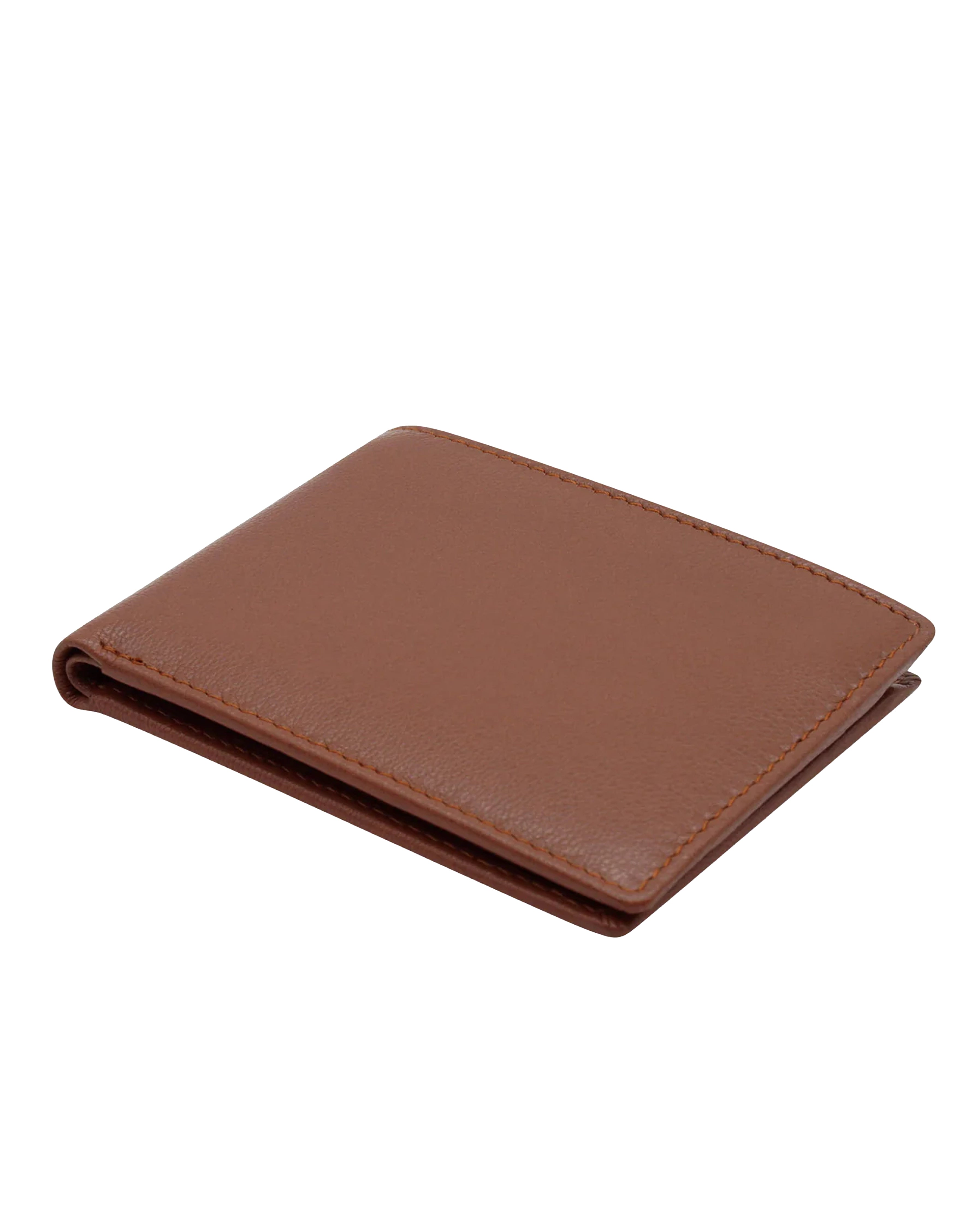 A brown leather bifold wallet shown at an angle on a plain white background.