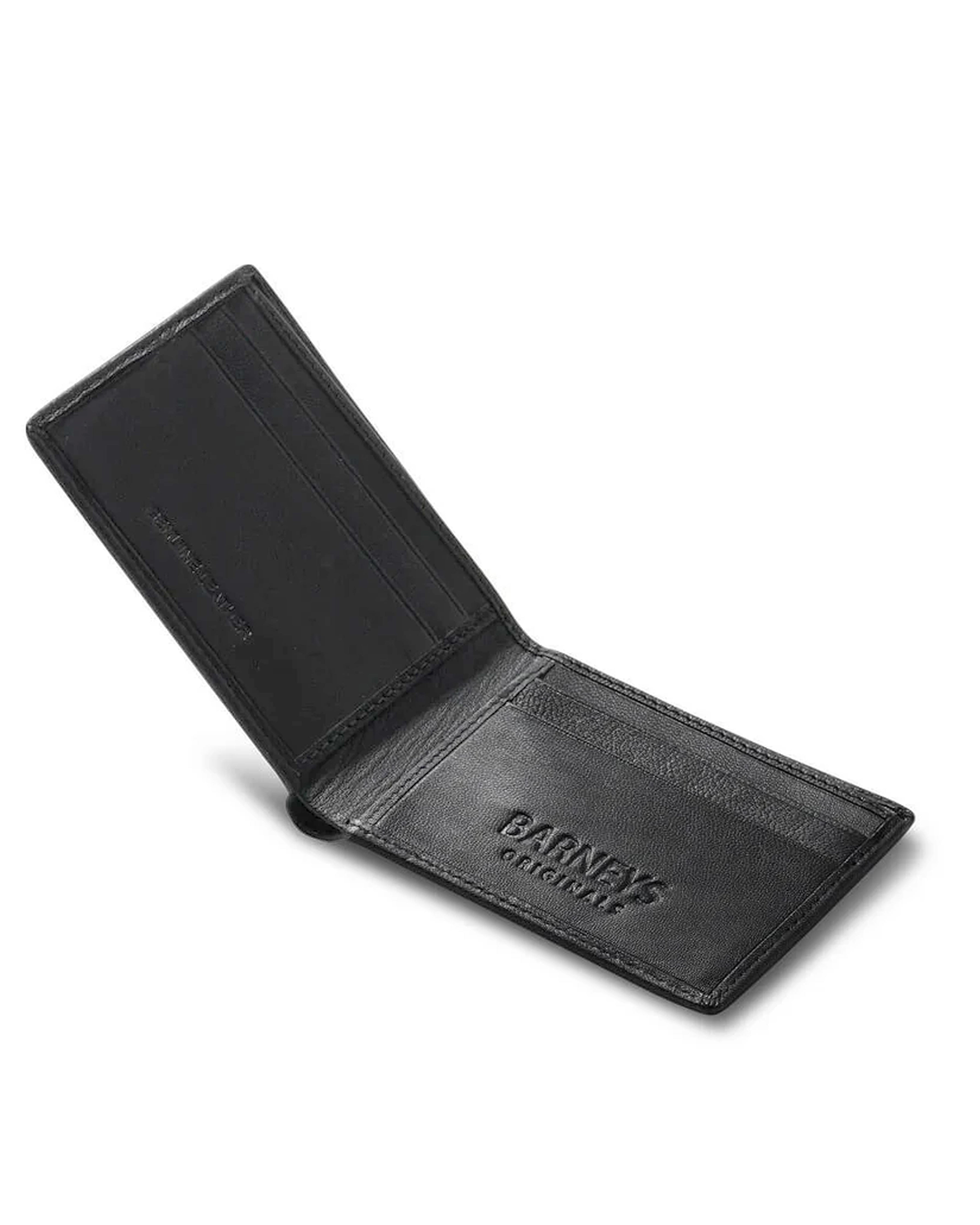 A black leather bi-fold wallet shown open, displaying its interior card slots and compartments. The brand name 'Barney's Original' is embossed on the lower right panel.