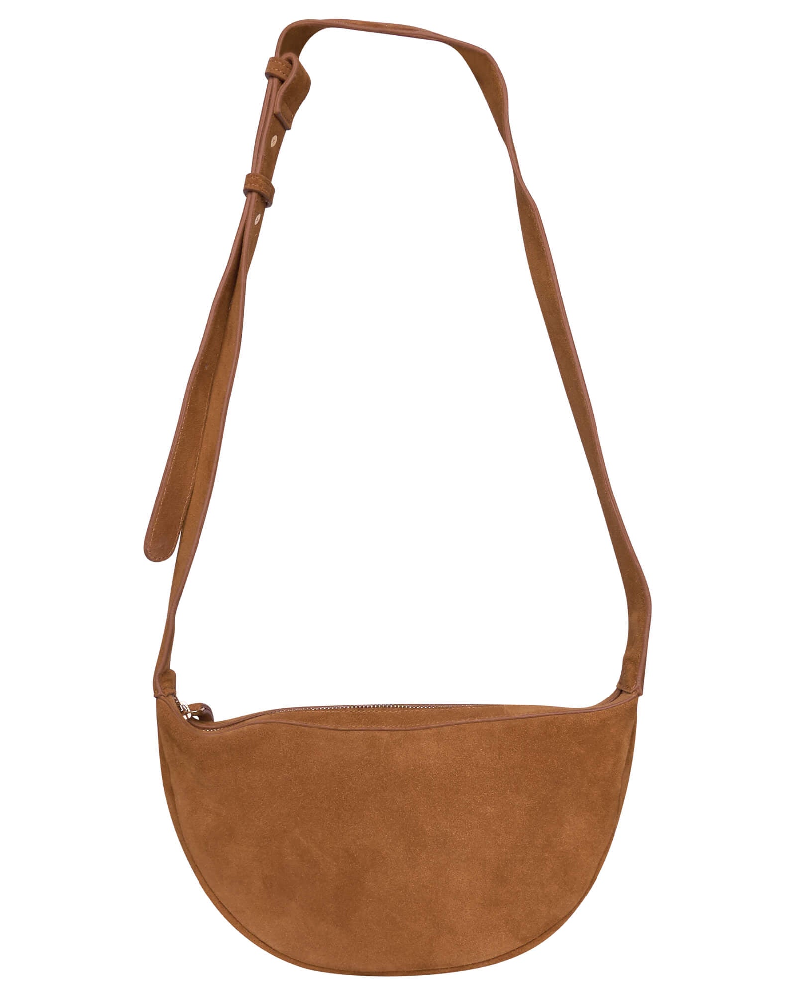 Simple flatlay of tan suede cross body bag, unworn.