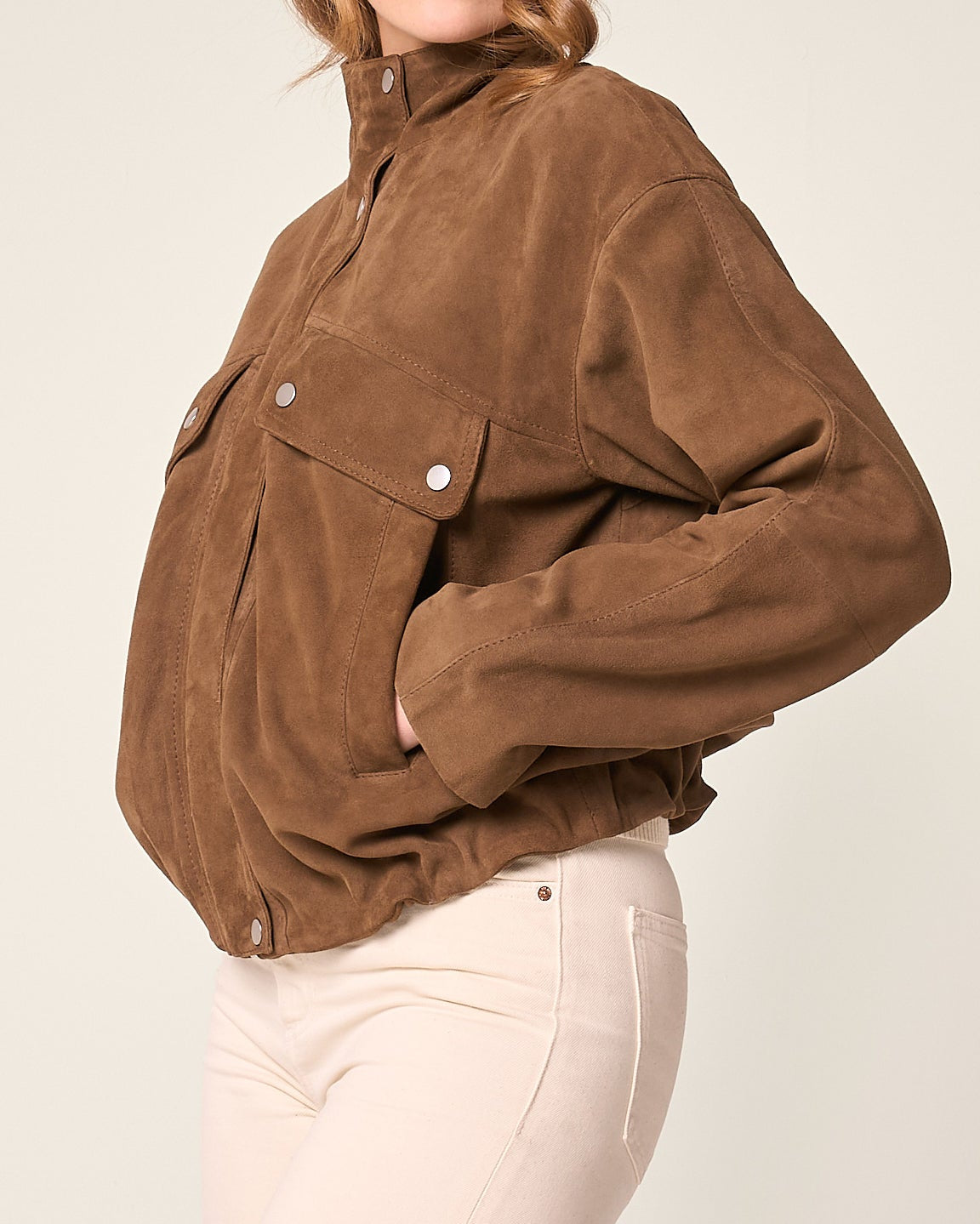 Women's Suede Funnel Neck Bomber Jacket