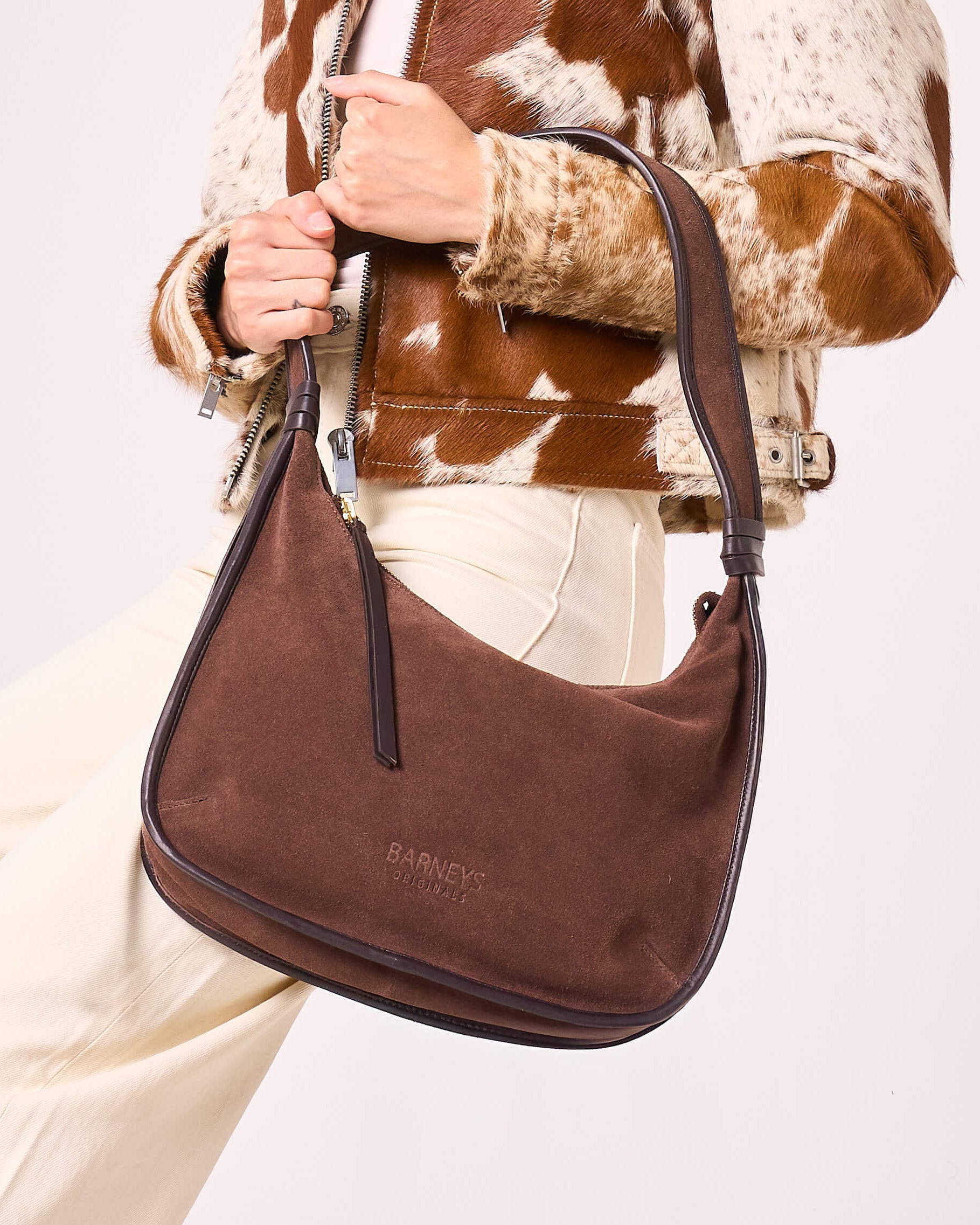 Brown Suede Shoulder Bag with Leather Piping