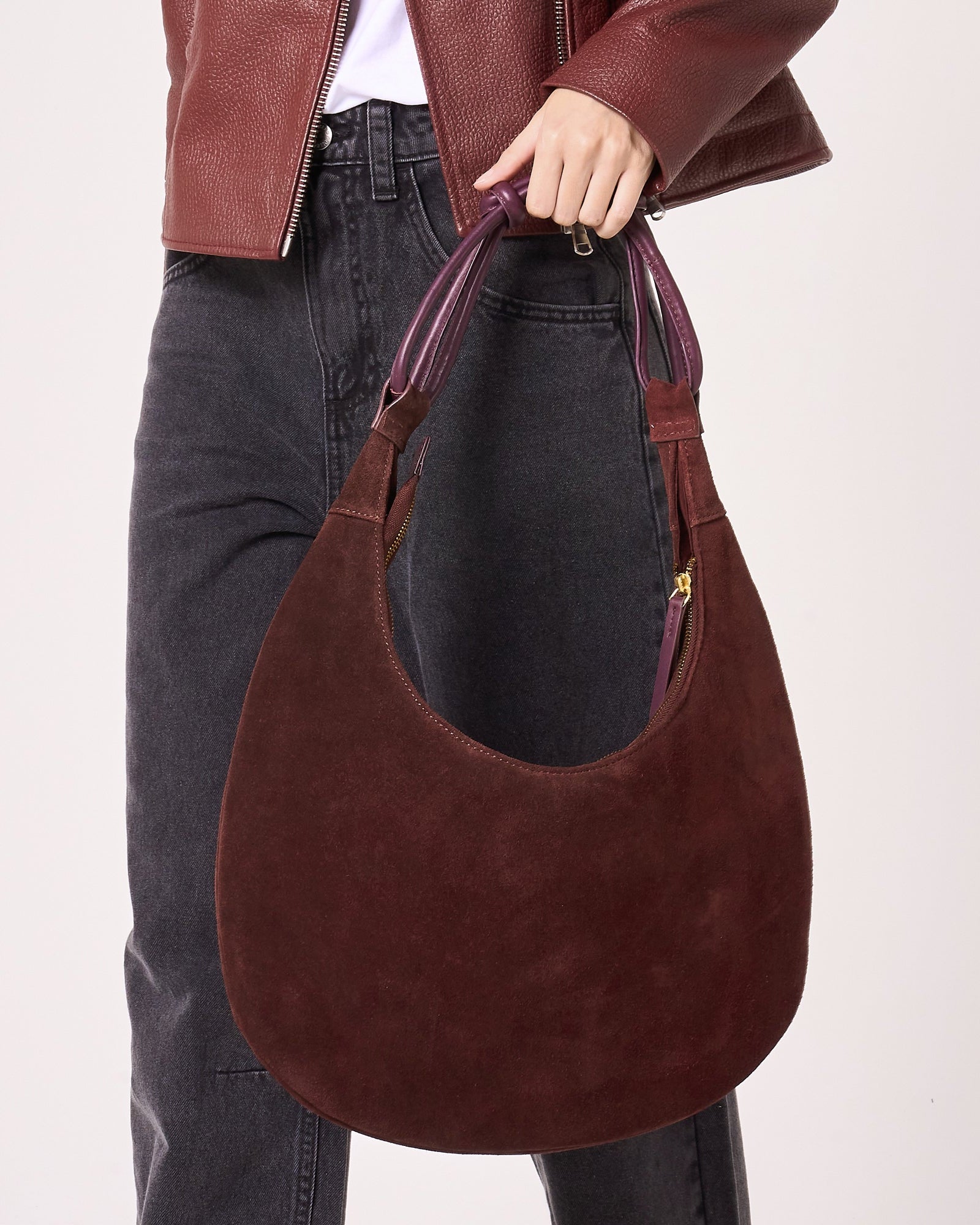 Crescent Suede Bag with Leather Strap