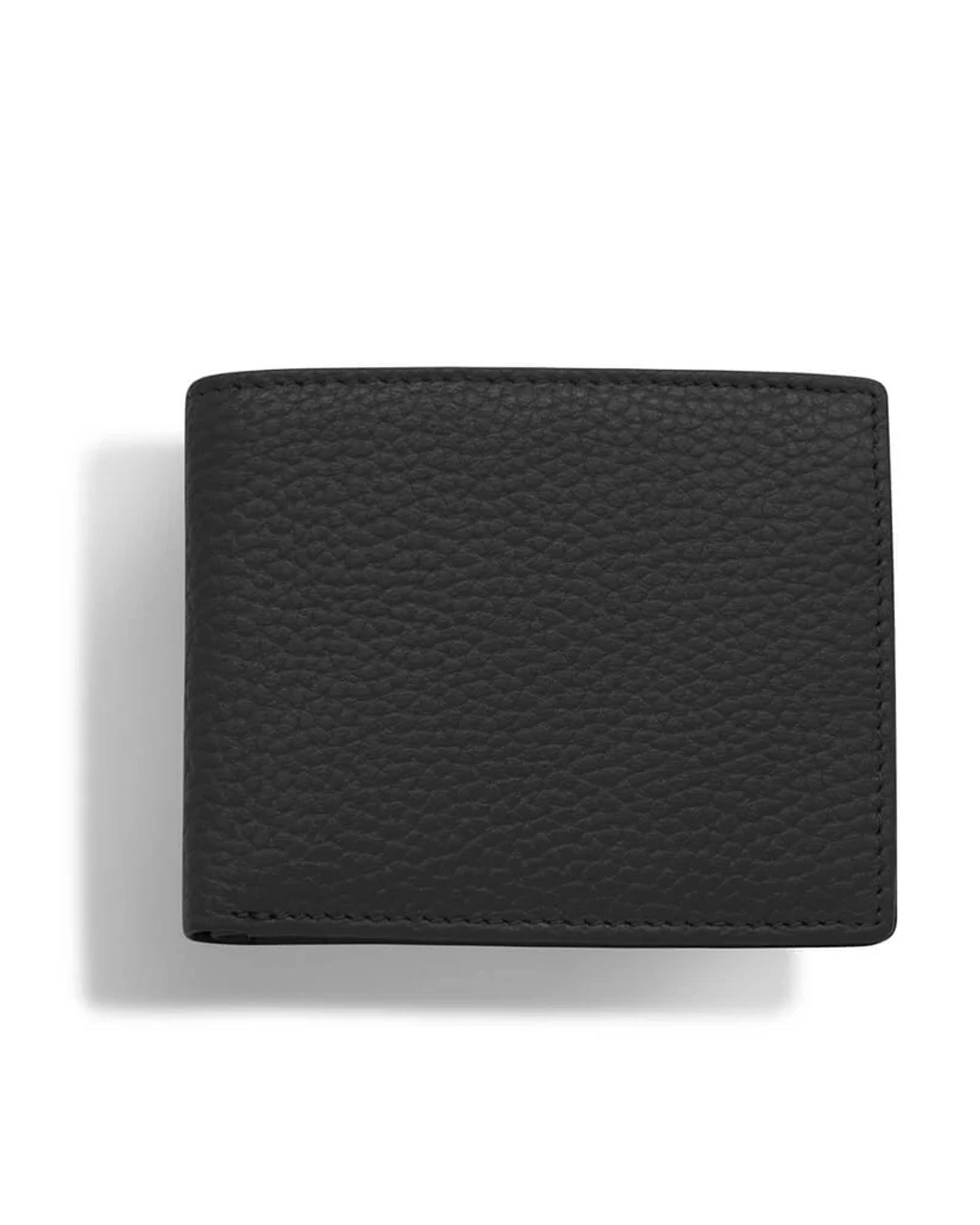 A black textured leather bifold wallet with a pebbled grain finish, shown closed on a clean white background with a soft drop shadow.