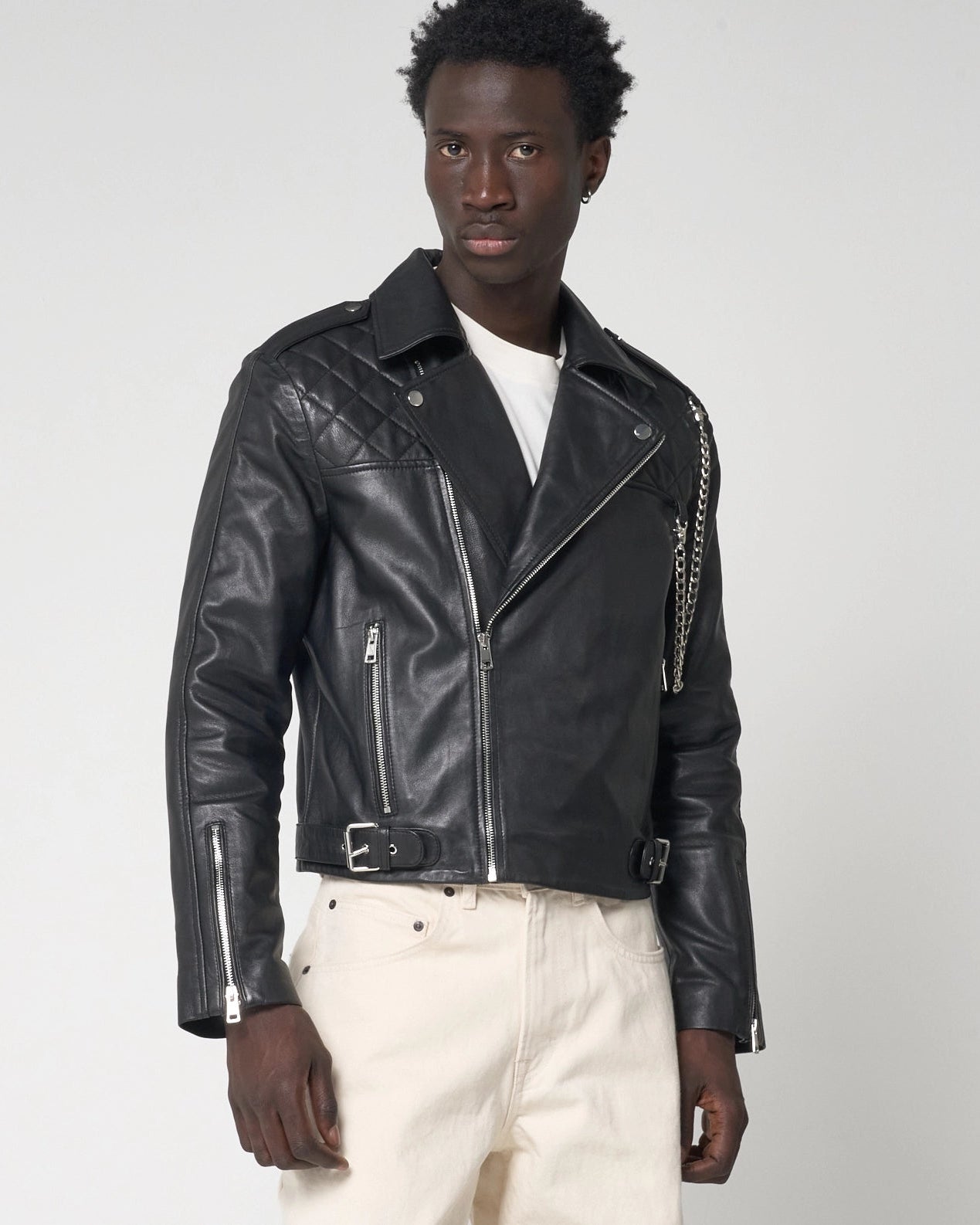 Men's Cropped Real Leather Biker Jacket with Adjustable Chain