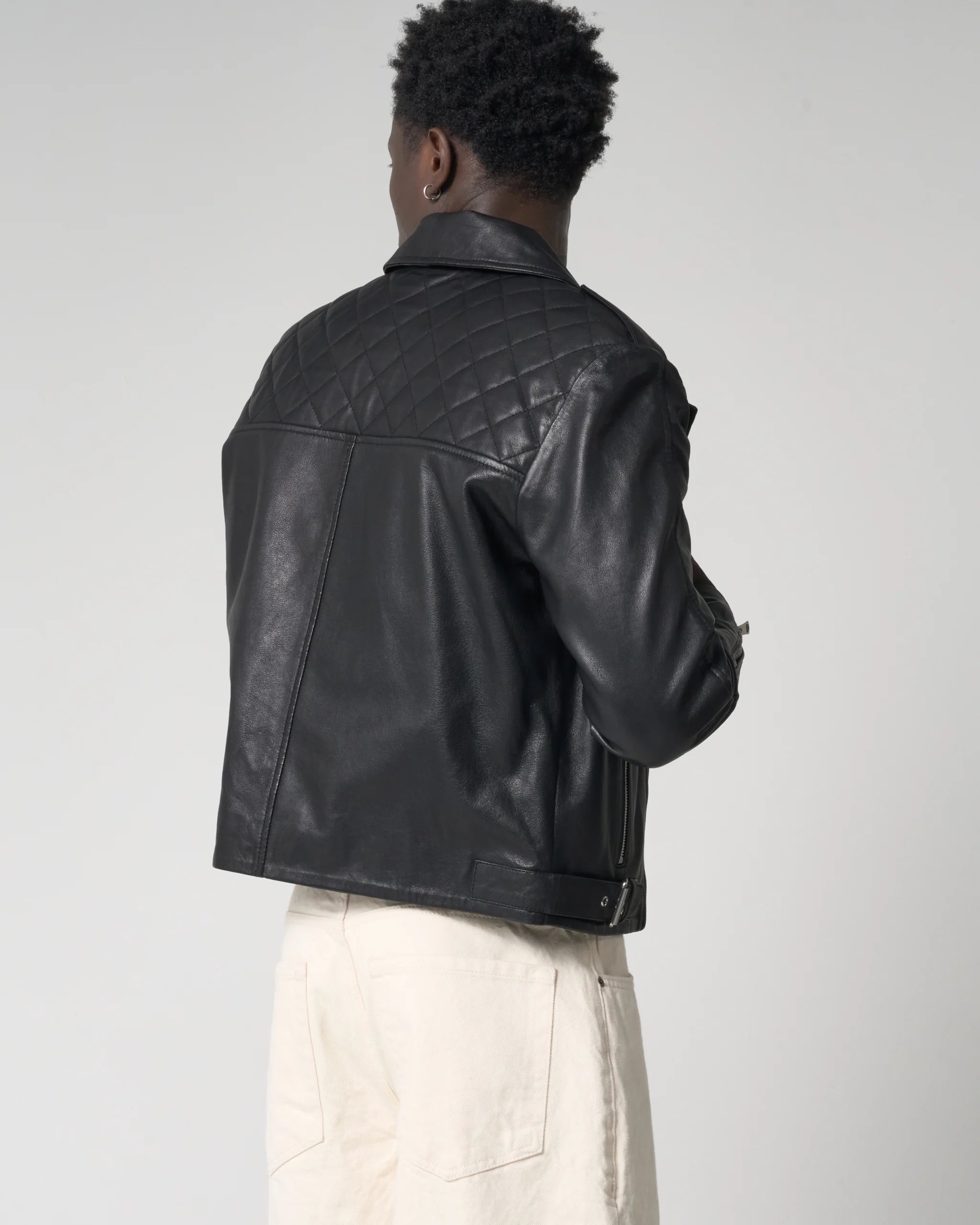 Men's Cropped Real Leather Biker Jacket with Adjustable Chain