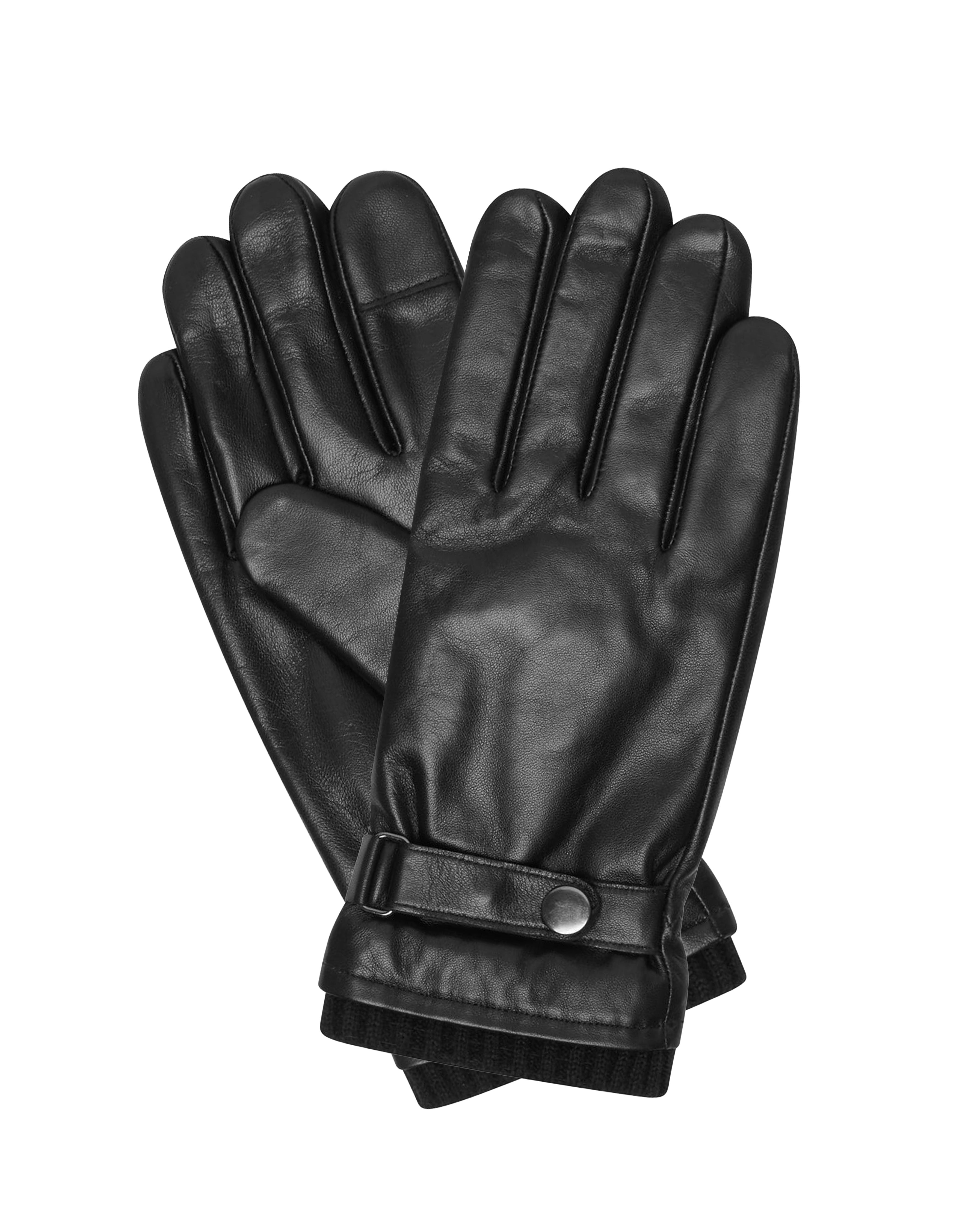 A pair of black leather gloves with a buttoned wrist strap, displayed against a solid white background.