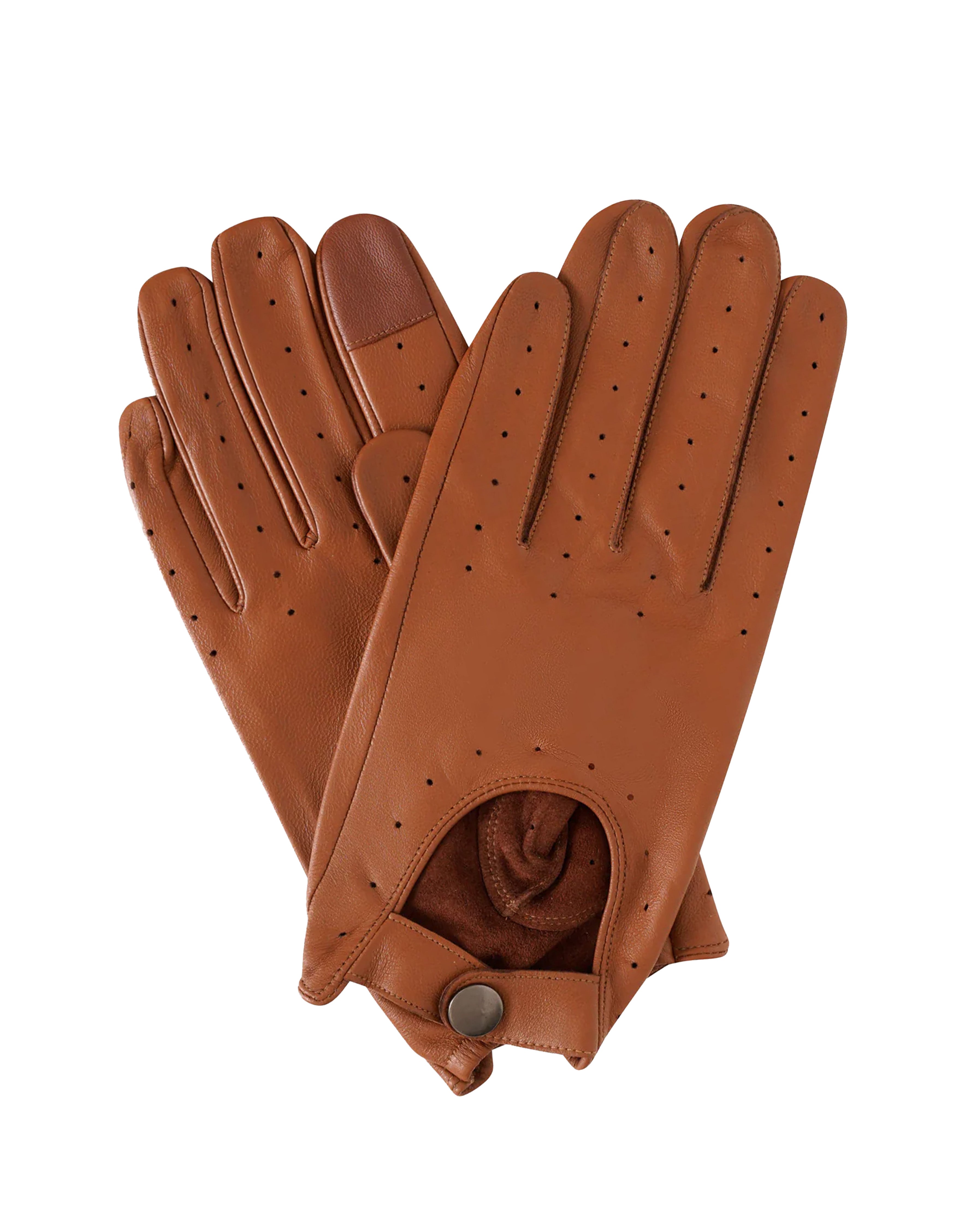 A pair of tan leather gloves with perforated details on the backs of the hands and a snap-button closure, displayed against a solid white background.
