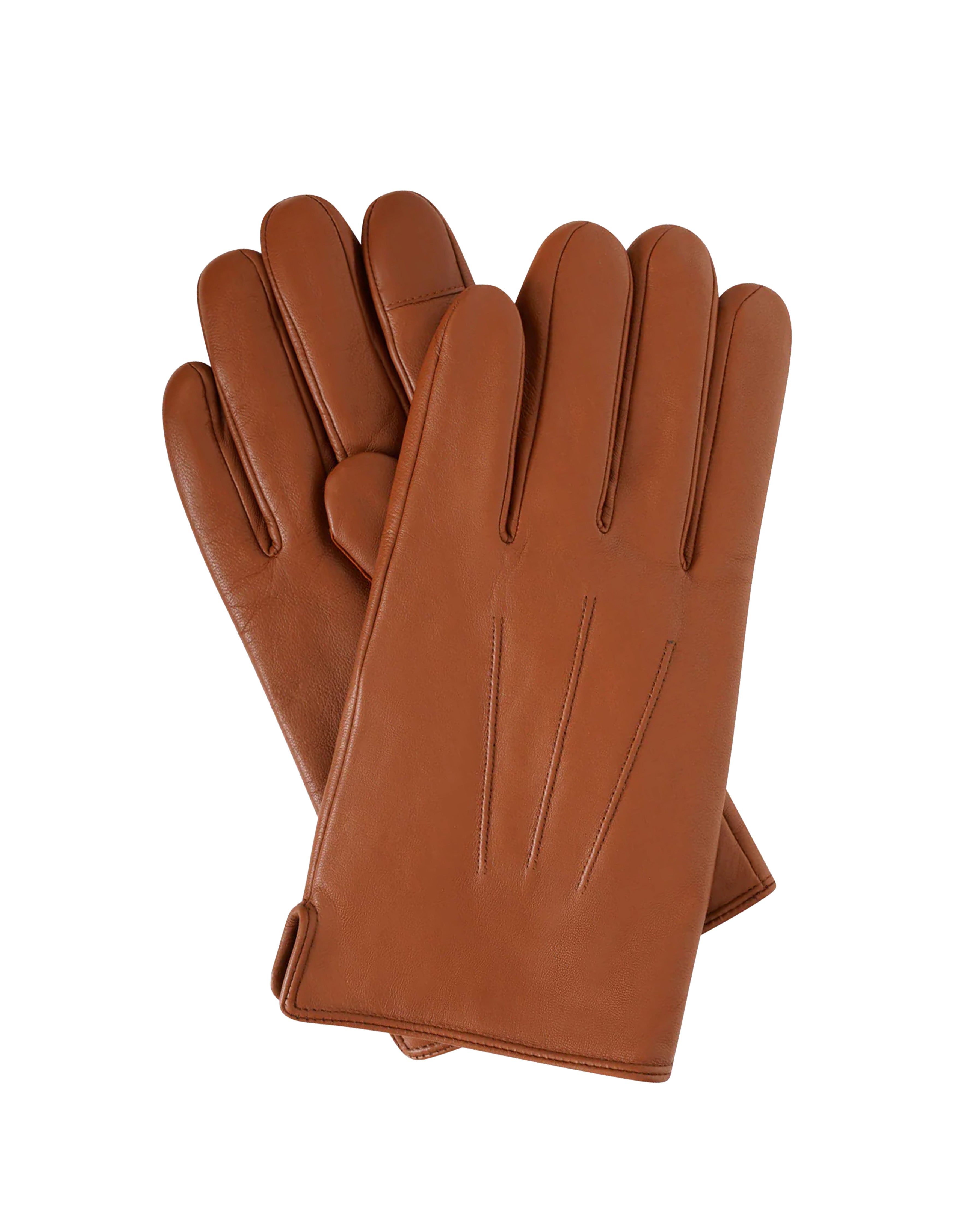 A pair of smooth, tan leather gloves with decorative stitched lines, displayed against a solid white background.