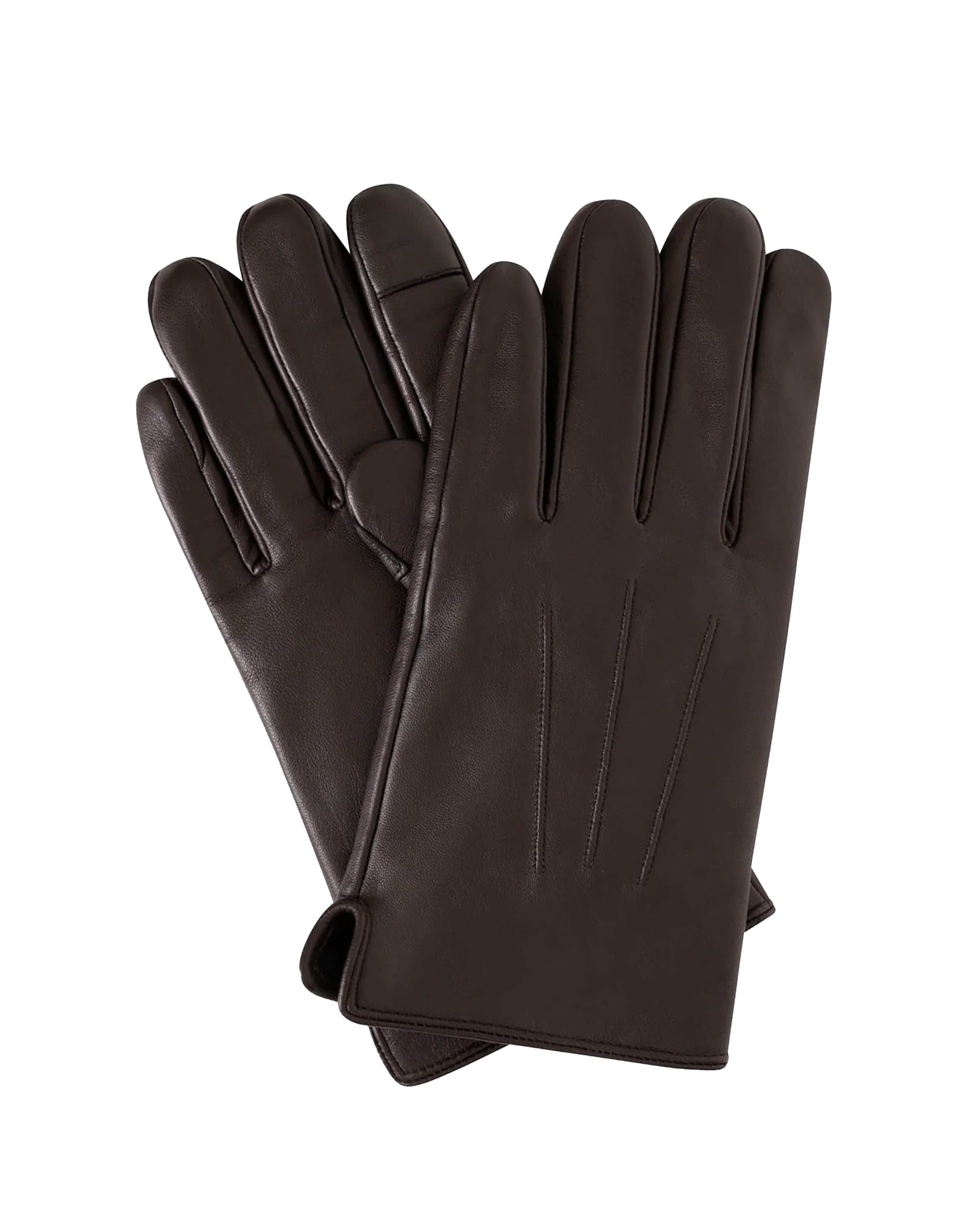 A pair of dark brown leather gloves with a smooth finish, featuring stitched details on the back of the hand and a split cuff, displayed against a solid white background.