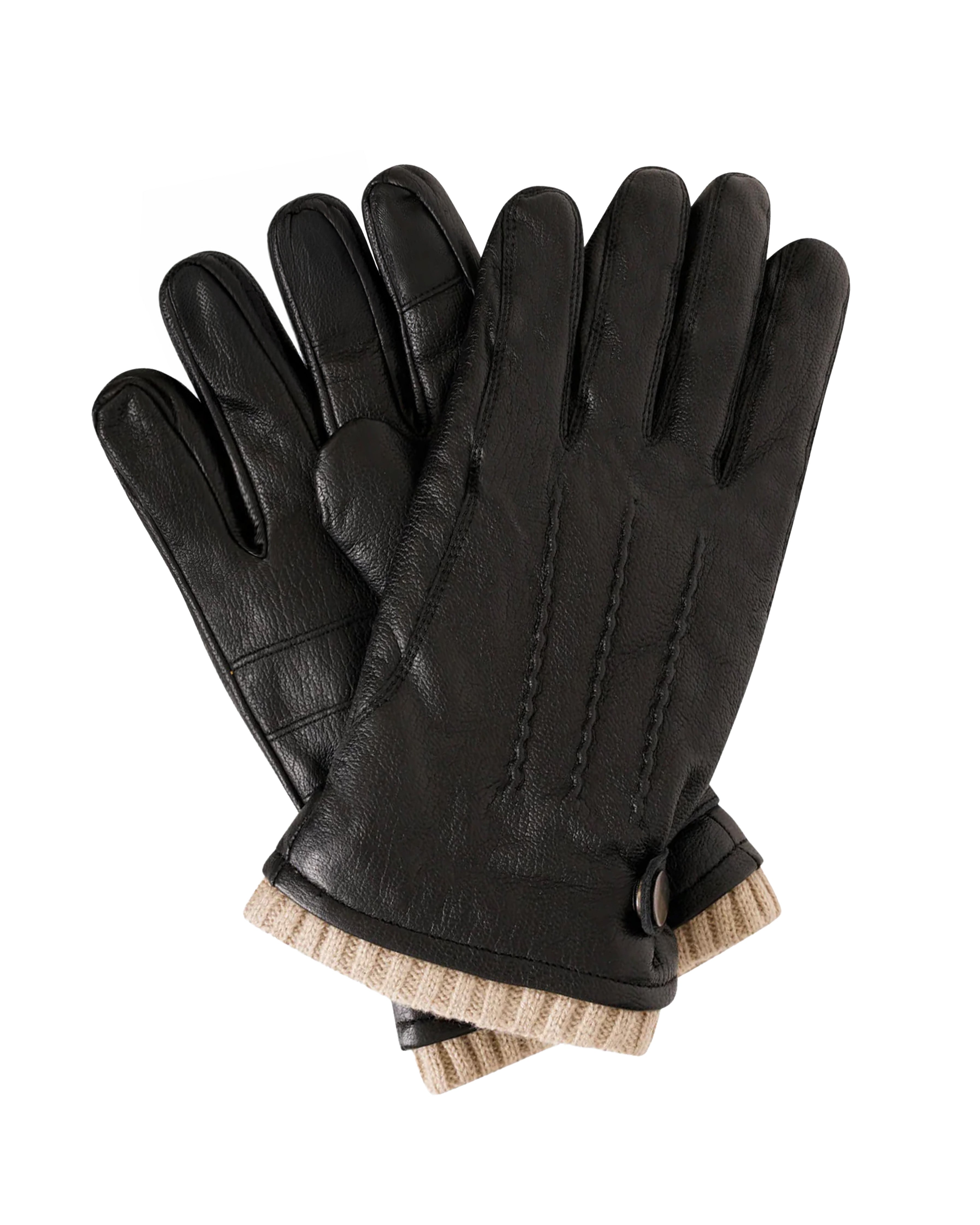 A pair of black leather gloves with ribbed beige knit cuffs, displayed against a solid white background.