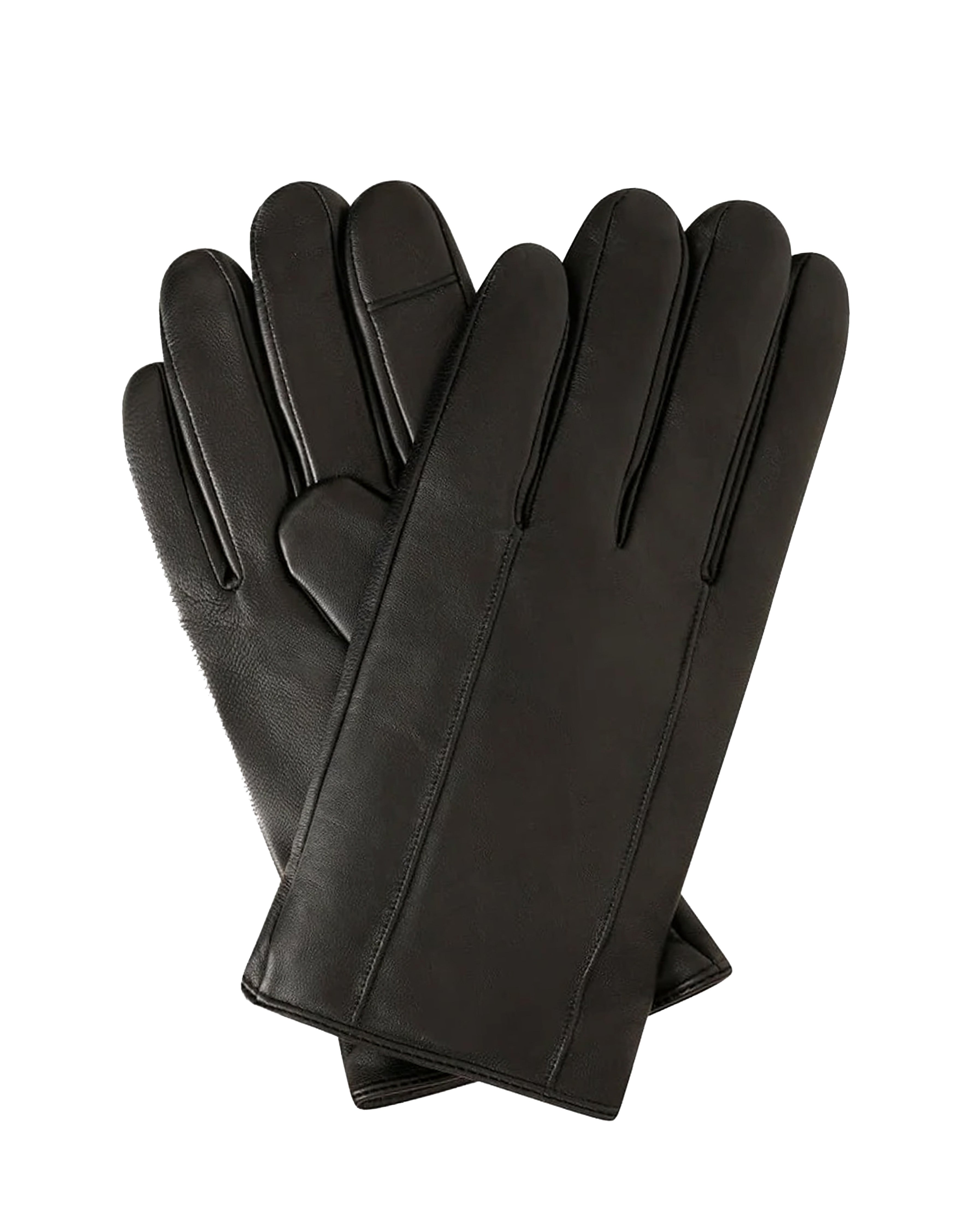 A pair of black real leather gloves with long cuffs and stitched detail, displayed against a solid white background.