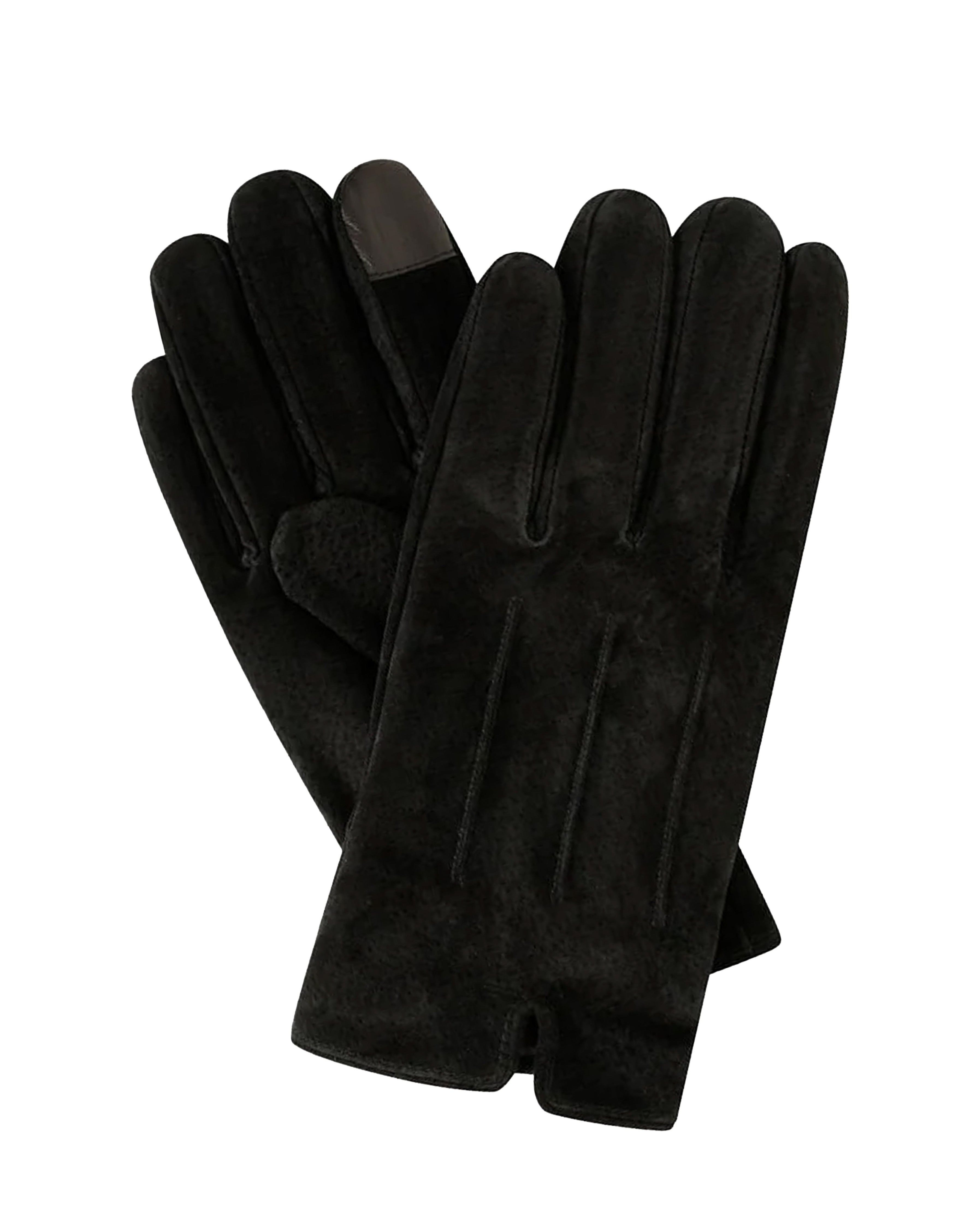 A pair of black leather gloves with a smooth, polished finish on the back of the hands and a contrasting dark gray touch-sensitive tip on one glove, displayed against a solid white background.