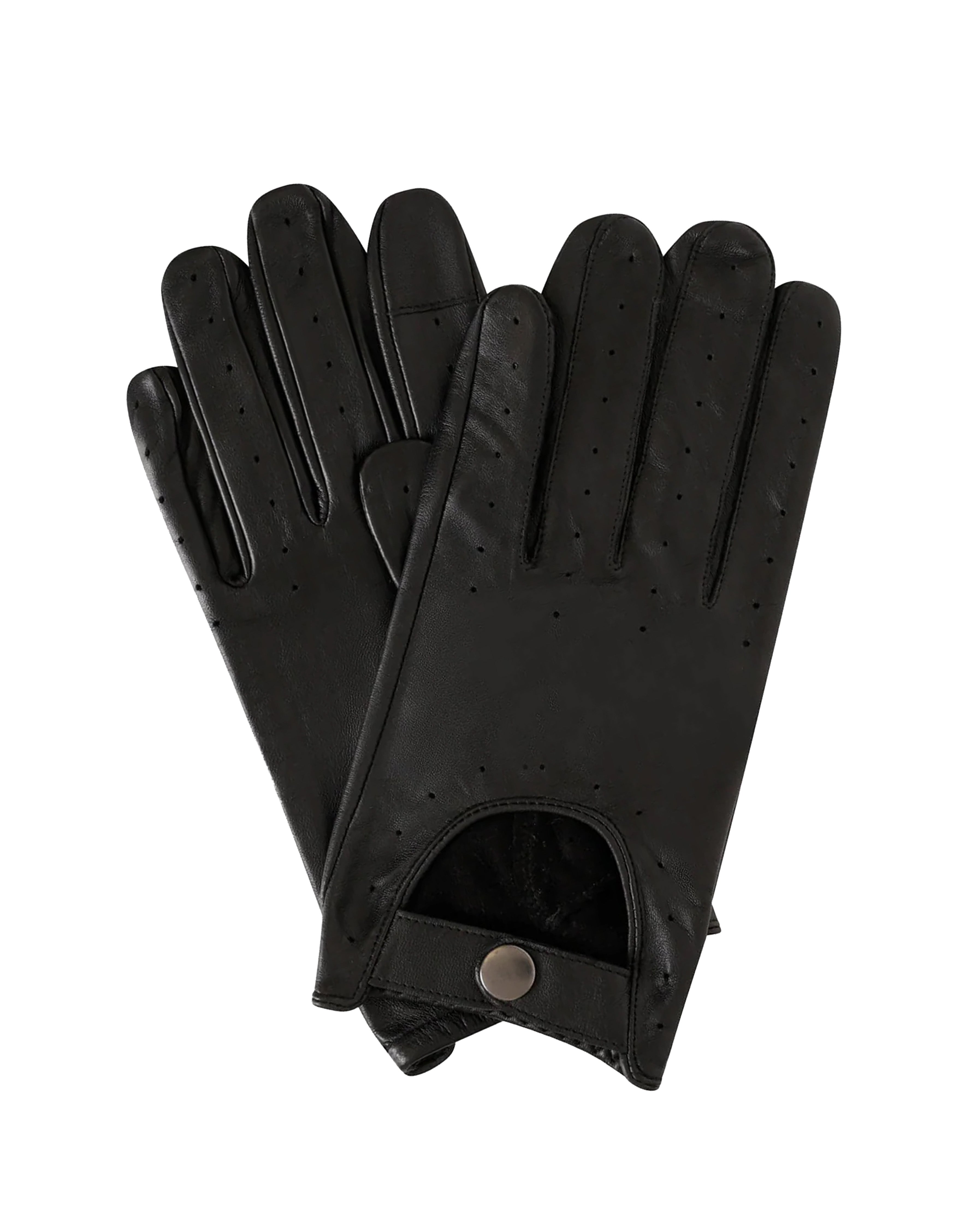 A pair of black leather driving gloves with perforated details on the backs, featuring a snap-button wrist strap, shown against a plain white background.