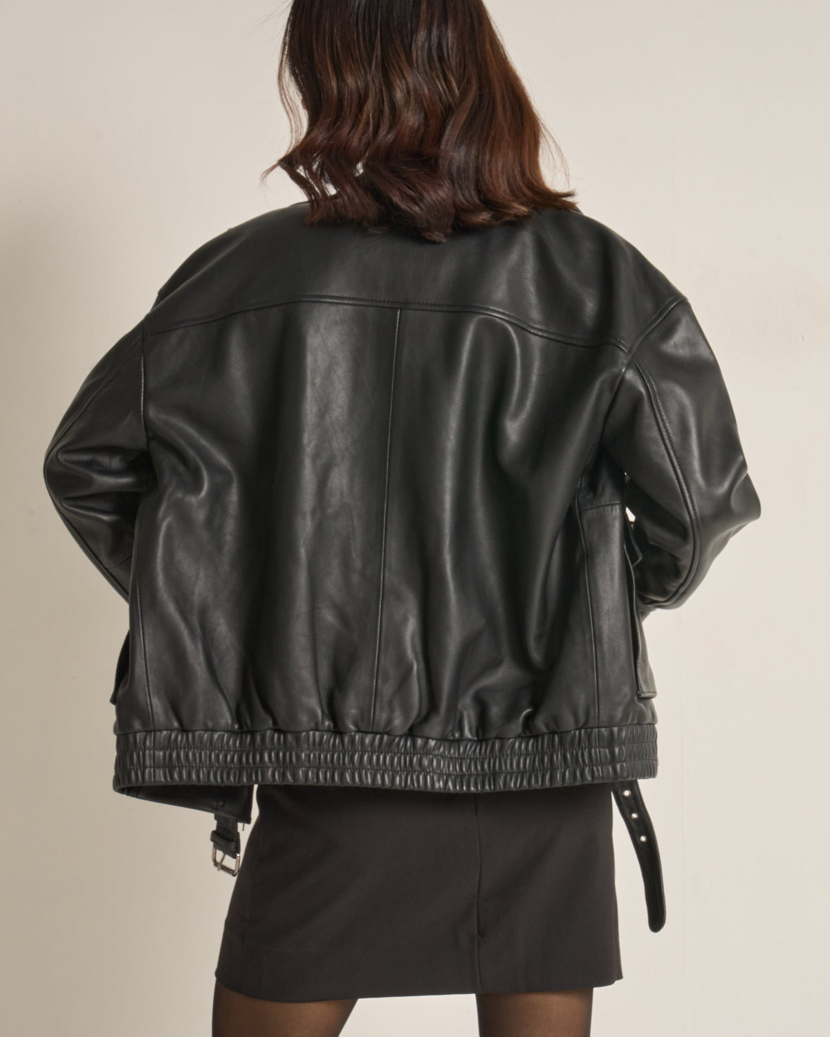 Women's Funnel Neck Leather Bomber Jacket