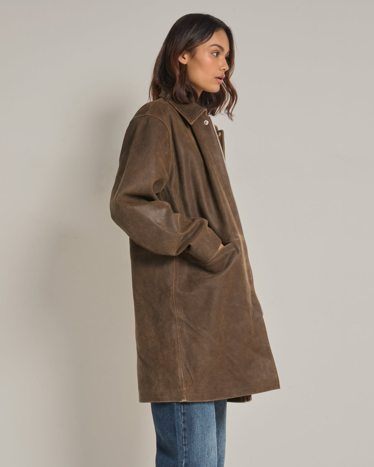 Women's Longline Washed Leather Coat
