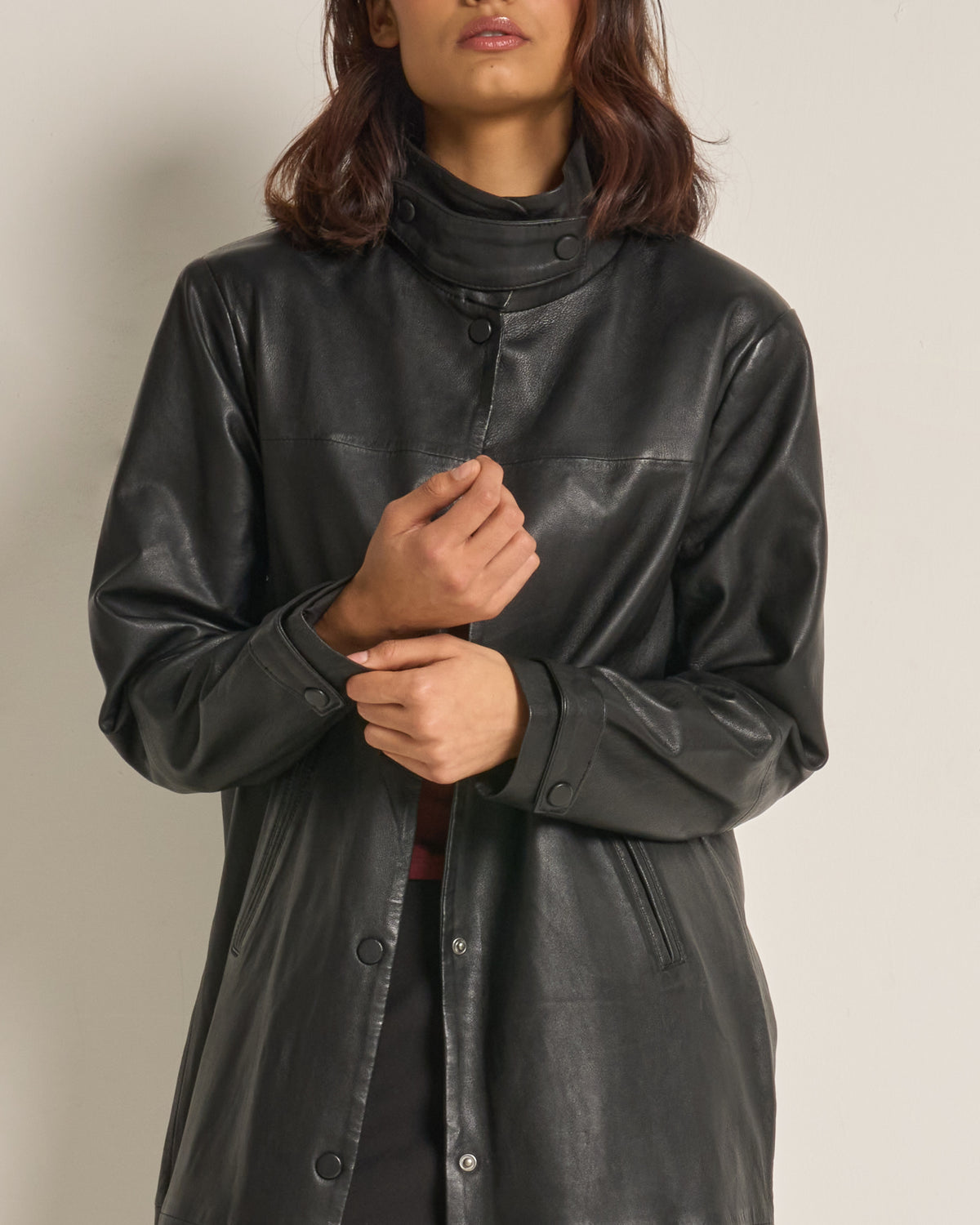 Women's Funnel Neck Leather Trench Coat