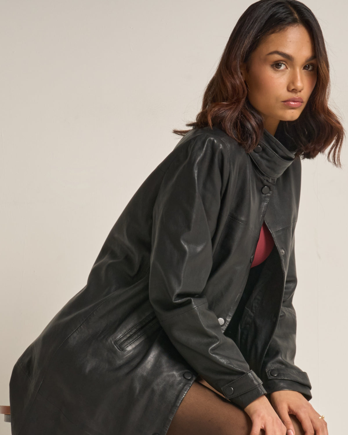 Women's Funnel Neck Leather Trench Coat