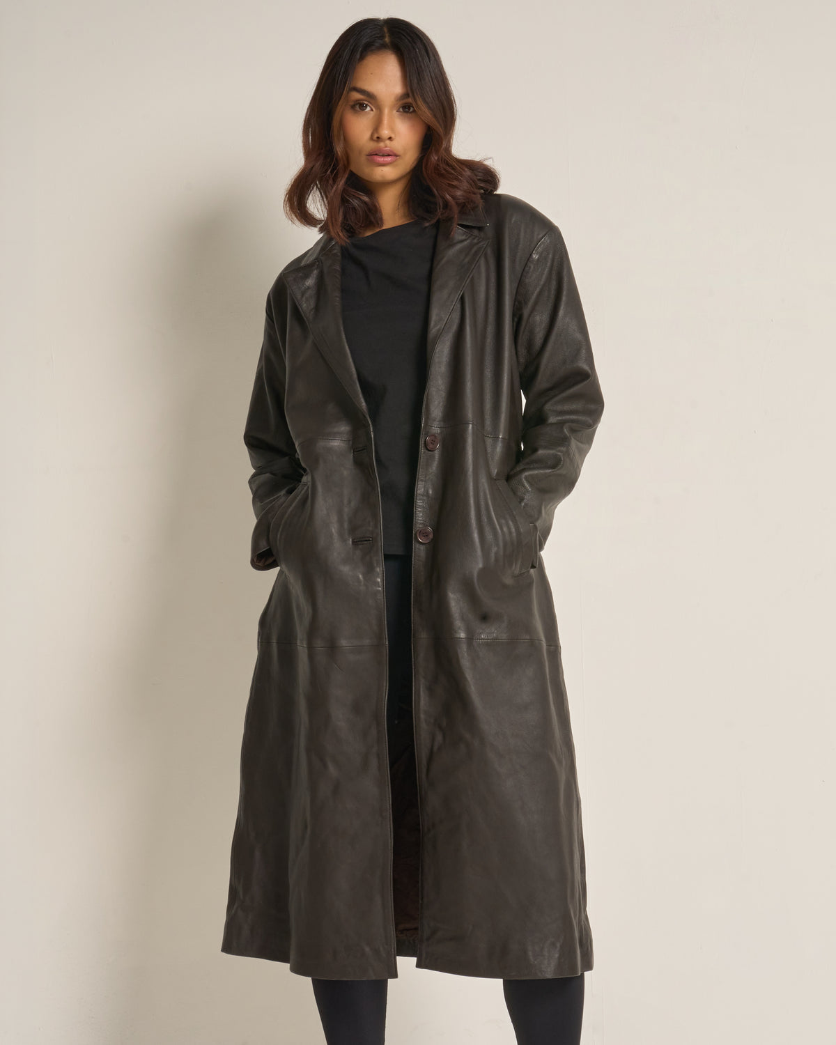 Women's Chocolate Leather Trench Coat