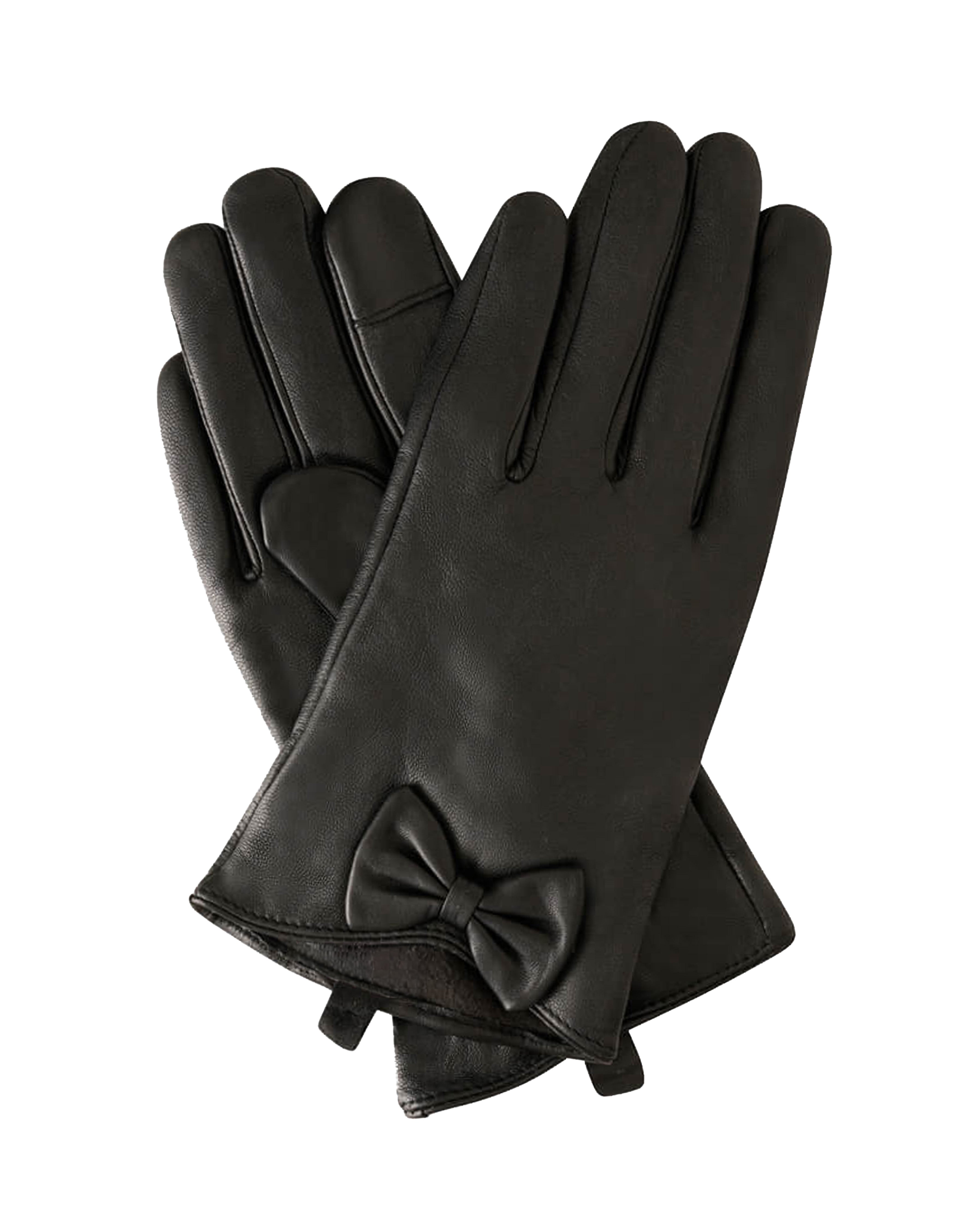 A pair of black leather gloves with a matching bow detail on the cuff, displayed against a solid white background.