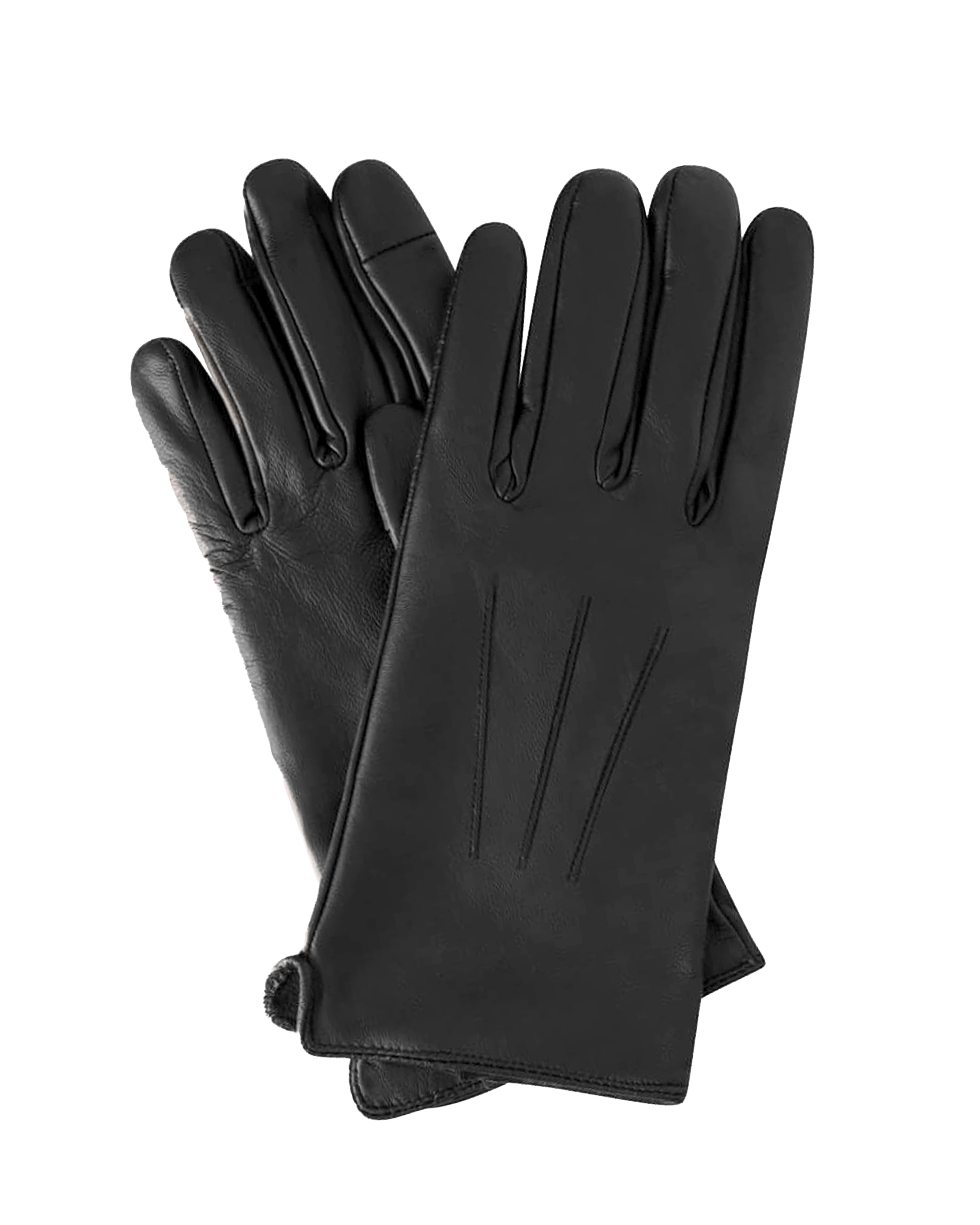 A pair of black leather gloves with a smooth finish, featuring long finger sections and a zippered wrist closure, displayed against a solid white background.