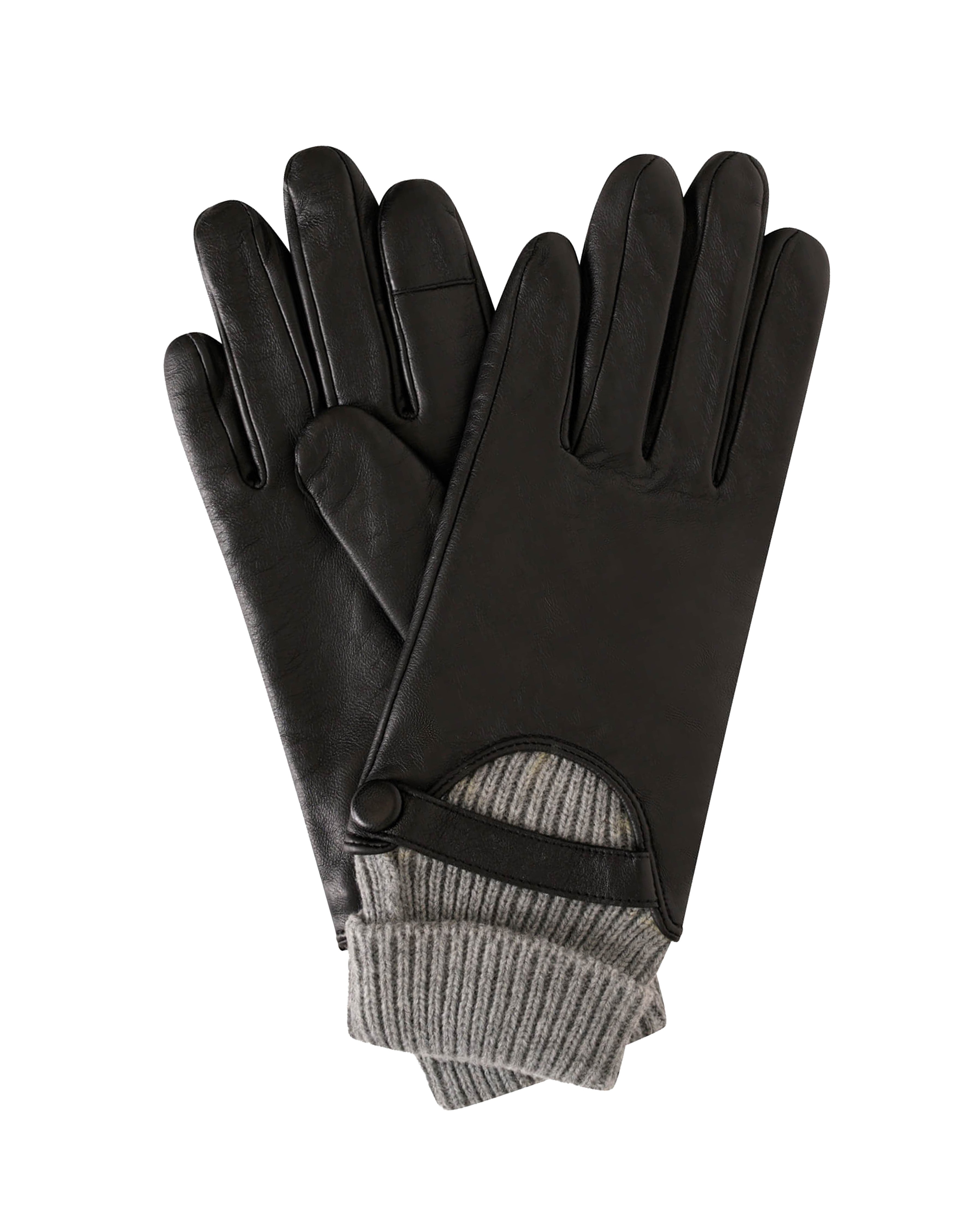 Black leather gloves with a ribbed gray knit cuff and a black strap with a snap button, displayed on a solid white background.