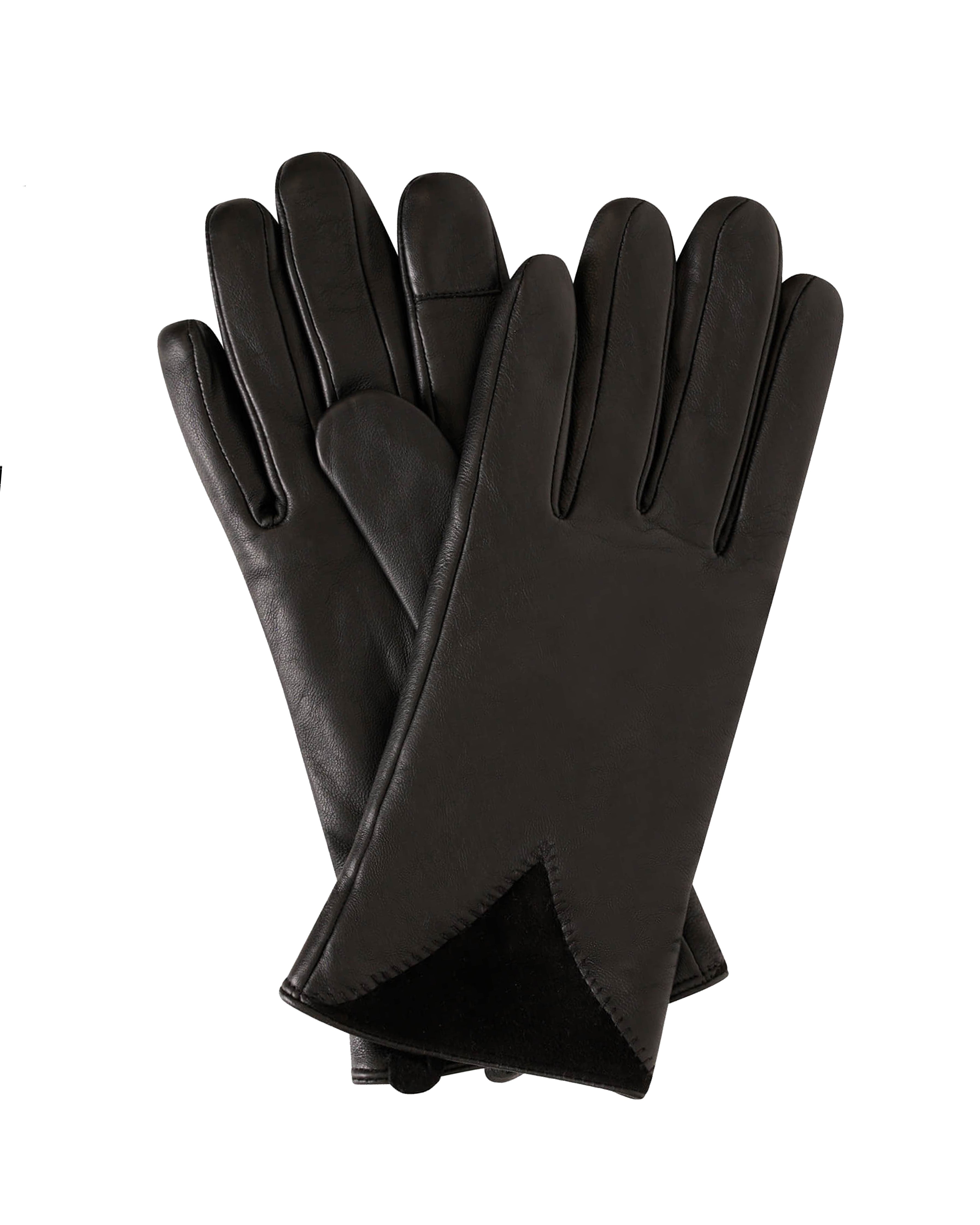 A pair of black leather gloves, one showing the back of the hand with long fingers and the other showing the palm side, set against a plain white background.