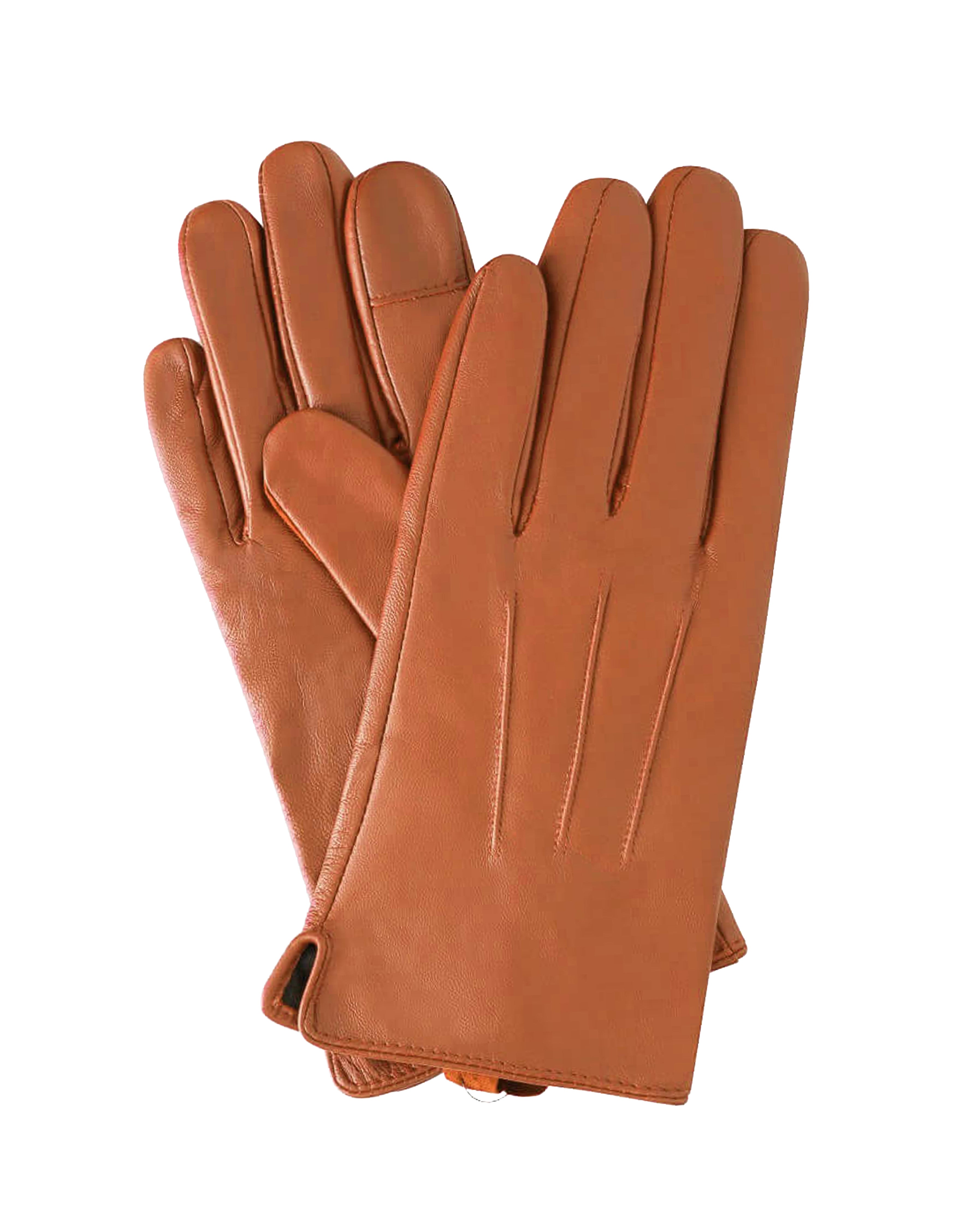 A pair of tan leather gloves with long sleeves and stitched details, displayed against a solid white background.